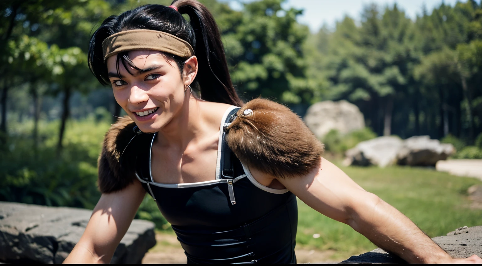 koga, 1boy, black hair, solo, (upper body), pointy ears, male focus, long hair, blue eyes, ponytail, light brown headband, smile, upper body, cuirass, nature, forest, (fur shoulder pads), official style, (best quality, masterpiece:1.2), (young), (16 years old)