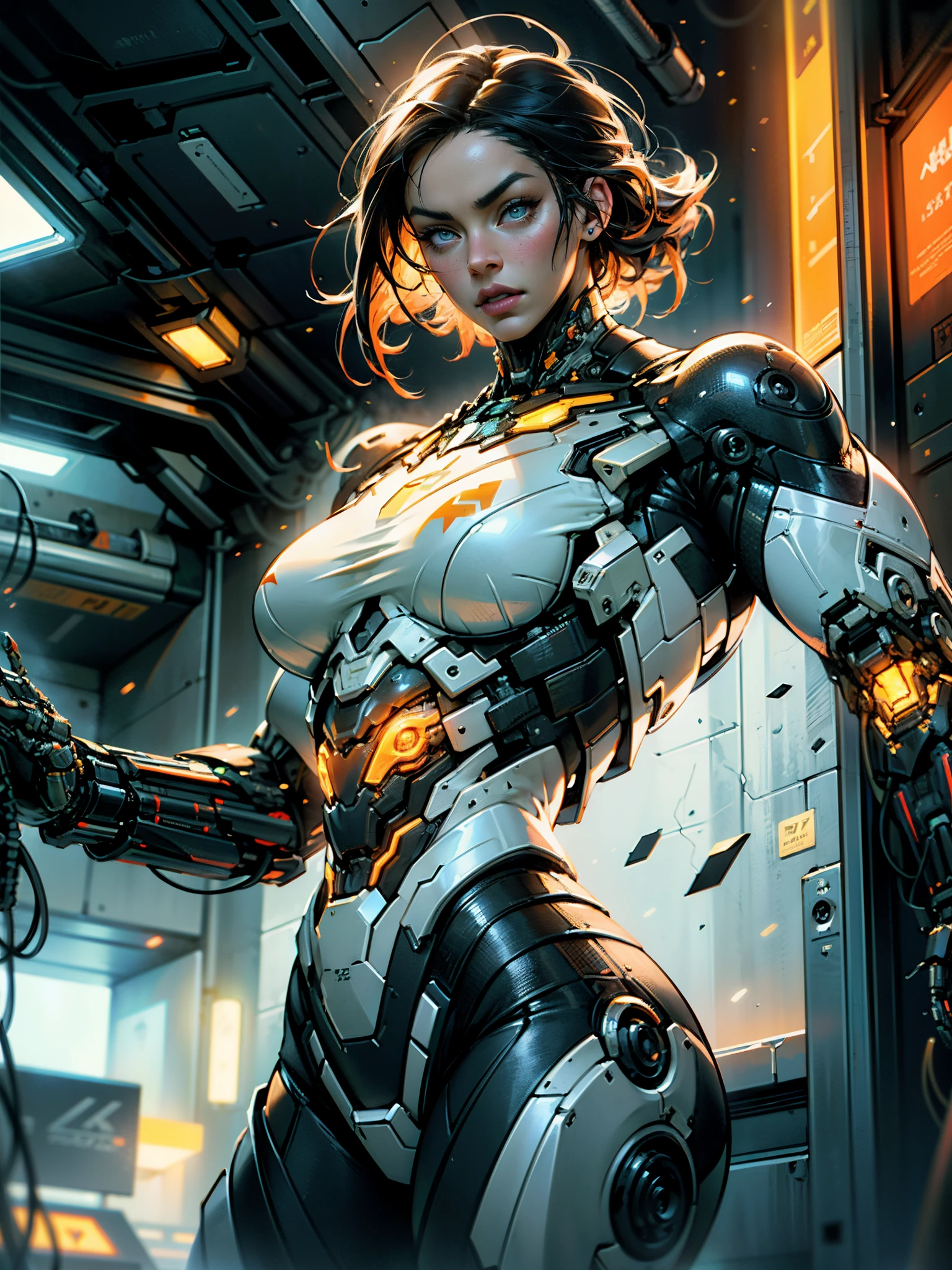 Cinematic, hyper-detailed, and insanely detailed, this artwork captures the essence of megan fox with breathtaking beauty. The color grading is beautifully done, enhancing the overall cinematic feel. Unreal Engine brings her anatomic cybernetic muscle suit to life, appearing even more mesmerizing. With the use of depth of field (DOF), every detail is focused and accentuated, drawing attention to her eyes and the intricate design of the anatomic cybernetic muscle suit . The image resolution is at its peak, utilizing super-resolution technology to ensure every pixel is perfect. Cinematic lighting enhances her aura, while anti-aliasing techniques like FXAA and TXAA keep the edges smooth and clean. Adding realism to the anatomic cybernetic muscle suit, RTX technology enables ray tracing. Additionally, SSAO (Screen Space Ambient Occlusion) gives depth and realism to the scene, the girl's anatomic cybernetic muscle suit become even more convincing. In the post-processing and post-production stages, tone mapping enhances the colors, creating a captivating visual experience. The integration of CGI (Computer-Generated Imagery) and VFX (Visual Effect brings out the anatomic cybernetic muscle suit's intricate features in a seamless manner. SFX (Sound Effects) complement the visual artistry, immersing the viewer further into this fantastic world. The level of detail is awe-inspiring, with intricate elements meticulously crafted, the artwork hyper maximalist and hyper-realistic. Volumetric effects add depth and dimension, and the photorealism is unparalleled. The image is rendered in 8K resolution, ensuring super-detailed visuals. The volumetric lightning adds a touch of magic, highlighting her beauty and the aura of her anatomic cybernetic muscle suit in an otherworldly way. High Dynamic Range (HDR) technology makes the colors pop, adding richness to the overall composition. Ultimately, this artwork presents an unreal portrayal of a super muscled cybernetic female android