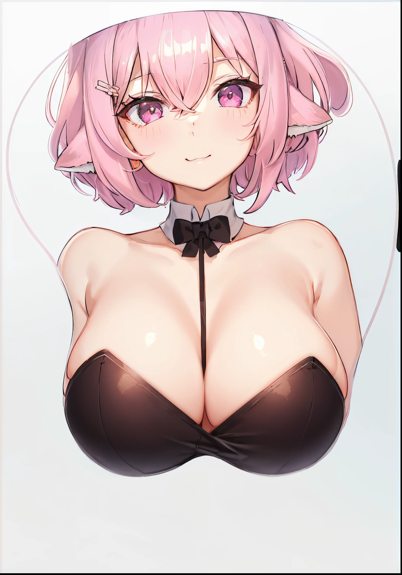 anime girl with big breast and bow tie posing for a picture, small curvy , oppai, 2 b, 2b, biomechanical oppai, oppai proportions, lolidress, shikamimi, bust, junko enoshima from danganronpa, neferpitou, bust view, anime moe artstyle, 3/4 bust, animal ears, cow ears, pink hair, pink eyes
