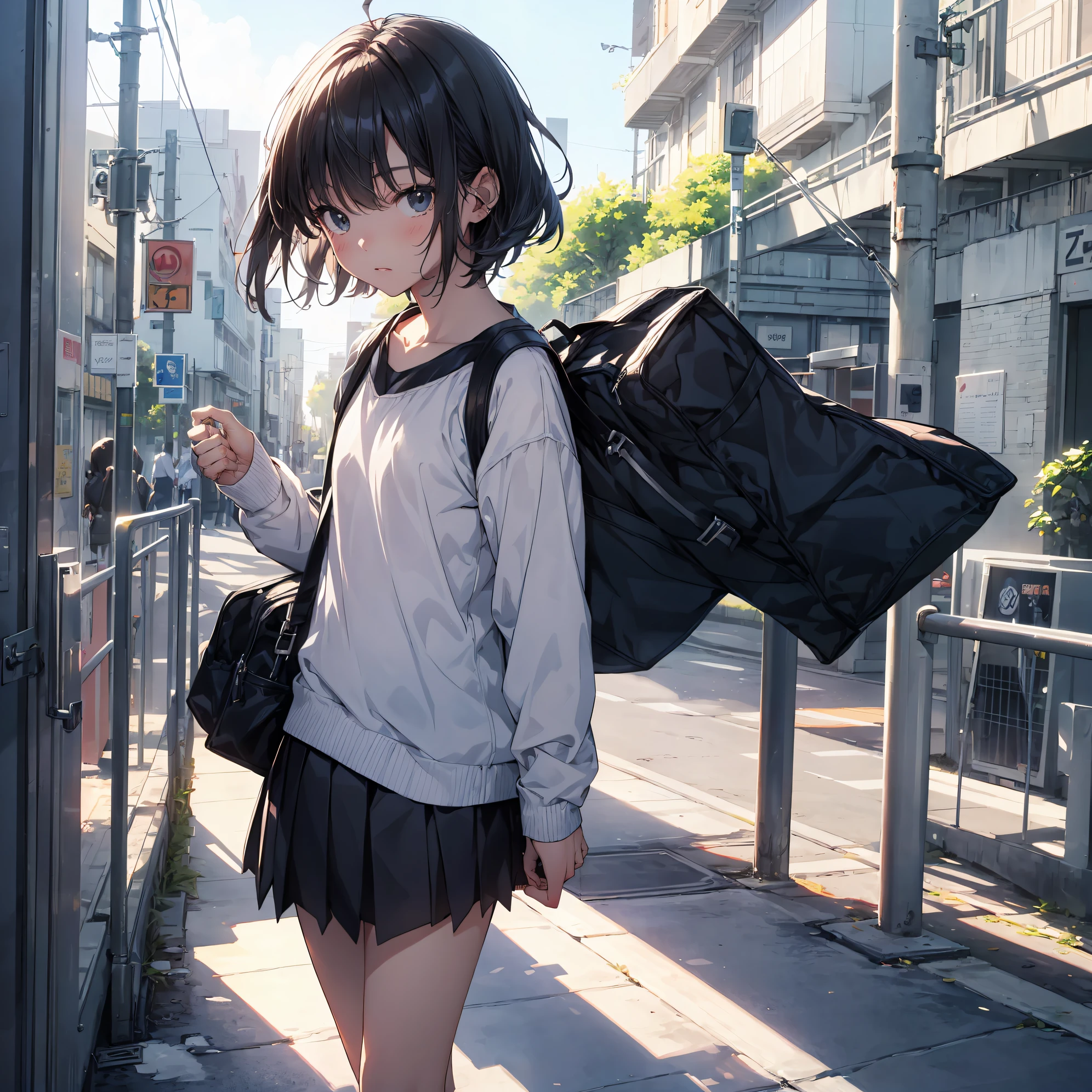 (Best Quality, 4K, 8K, hight resolution, masutepiece:1.2), Ultra-detailed, (Realistic, Photorealistic, Photorealsitic:1.37), High resolution, anime moe art style, Best Anime 8K Konachan Wallpapers, Pixiv Contest Winner, Perfect Anatomy, BREAK,(Draw a girl sleepily walking to school. ),BREAK, 1girl in, (Solo,Lori,child,13years:1.3),a junior high school student, Androgynous attraction, (Very short hair), hair messy, Ahoge, Full limbs, complete fingers, flat chest, Small butt, groin, Small eyes,Beautiful detailed black eyes, Well-proportioned iris and pupils, disgusted eye, School uniform, Skirt, On the way to school. BREAK,Medium: Anime Art, Vibrant colors, Sharp Focus, Professional, Bokeh.
Lighting: Natural light shining a soft light on the girl, Create a warm and cozy atmosphere on your way to school..