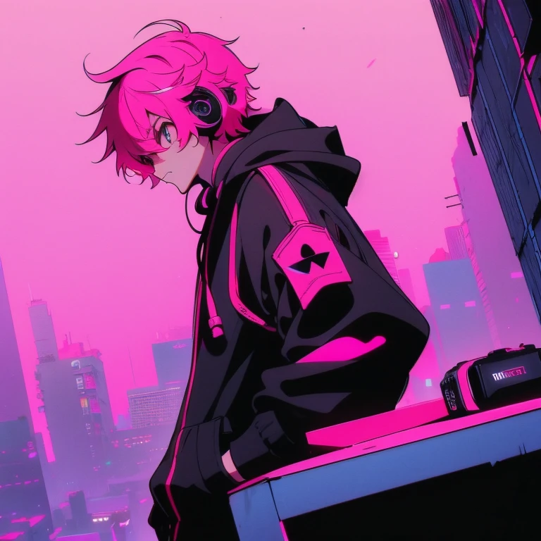 (short-cut), (Two-block hair), (vivid pink hair), (male character), (Red Eyes), (Cool pose), (of the highest quality), (​masterpiece), (ultra-detailliert), (Oversized hoodies), (headphones), (Street), (neons), (Camera from a down angle), (Modern City), (Neon Daylight), (Cinematic), (Stylish), (hight resolution), (Hyper Detailed), (Looking at the camera), (Anime-style), (Softtown), (nightcore), (a handsome man), (Listening to music), (natural appearance of the building), (casual), (ig studios anime style),