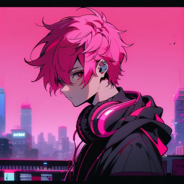 (short-cut), (Two-block hair), (vivid pink hair), (male character), (Red Eyes), (Cool pose), (of the highest quality), (masterpiece), (ultra-detailliert), (Oversized hoodies), (headphones), (Street), (neons), (Camera from a down angle), (Modern City), (Neon Daylight), (Cinematic), (Stylish), (hight resolution), (Hyper Detailed), (Looking at the camera), (Anime-style), (Softtown), (nightcore), (a handsome man), (Listening to music), (natural appearance of the building), (casual), (ig studios anime style),