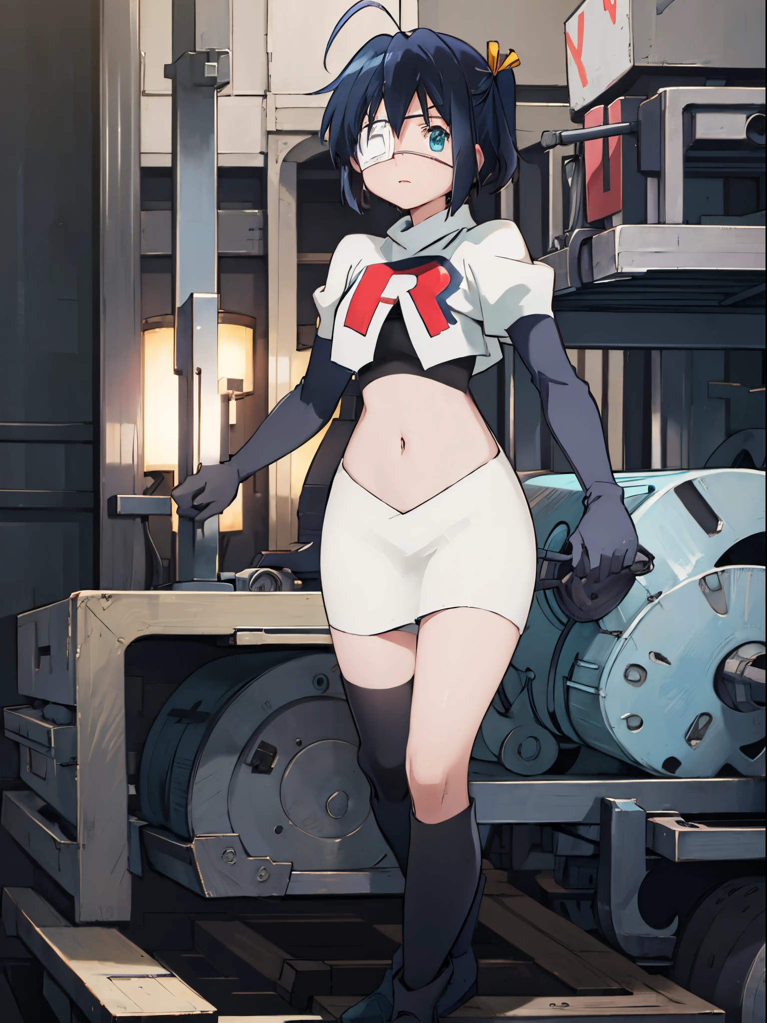 ph rikka, 1girl, :o, jacket, blazer, aqua eyes,team rocket,team rocket uniform,white skirt,crop top,black thigh-high boots,black elbow gloves,