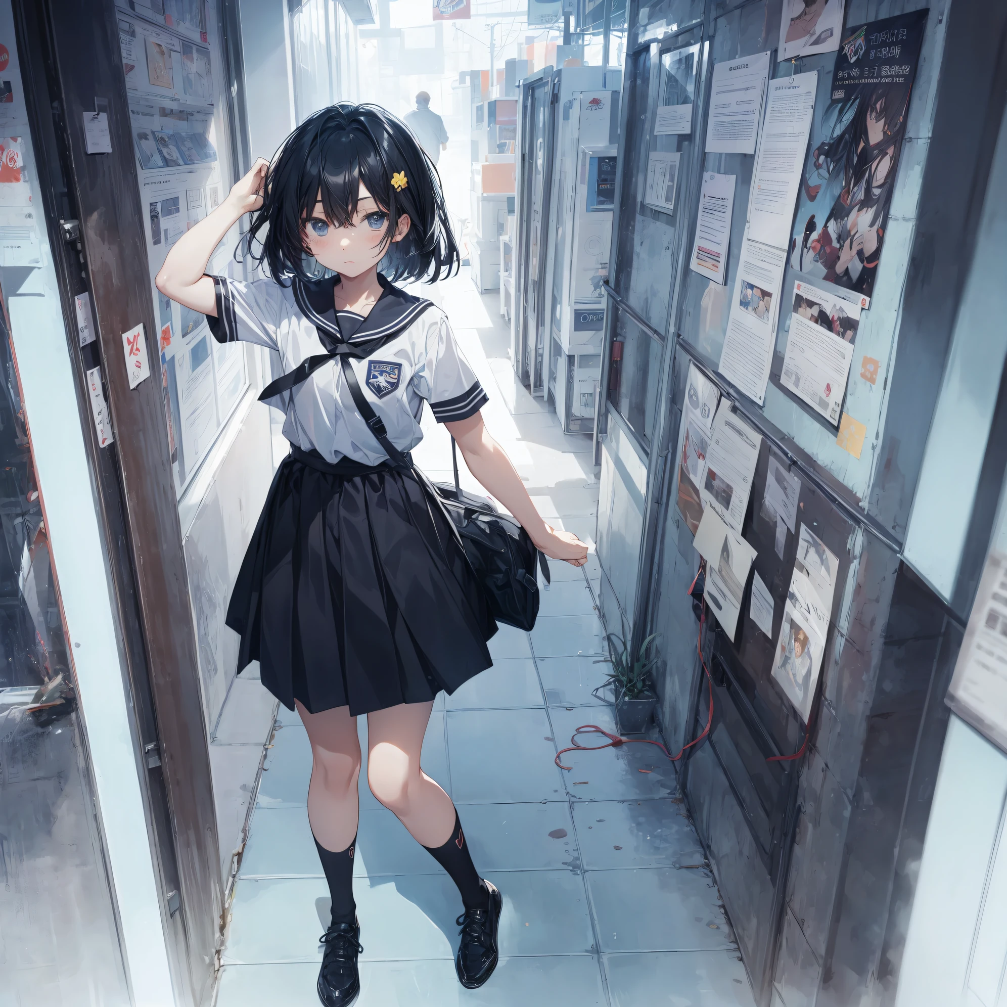 Super high quality by the art god, Ultra-detailed, High resolution, anime moe art style, Best Anime 8K Konachan Wallpapers, Pixiv Contest Winner, Perfect Anatomy, BREAK,(Draw a girl sleepily walking to school. ),BREAK, 1girl in, (Solo,Lori,child,13years:1.3),a junior high school student, Androgynous attraction, (Very short hair), hair messy, Full limbs, complete fingers, flat chest, Small butt, groin, Small eyes,Beautiful detailed black eyes, Well-proportioned iris and pupils, disgusted eye, School uniform, Skirt, On the way to school. BREAK,super detailed skin, Best lighting by famous artists, 8K, Illustration,