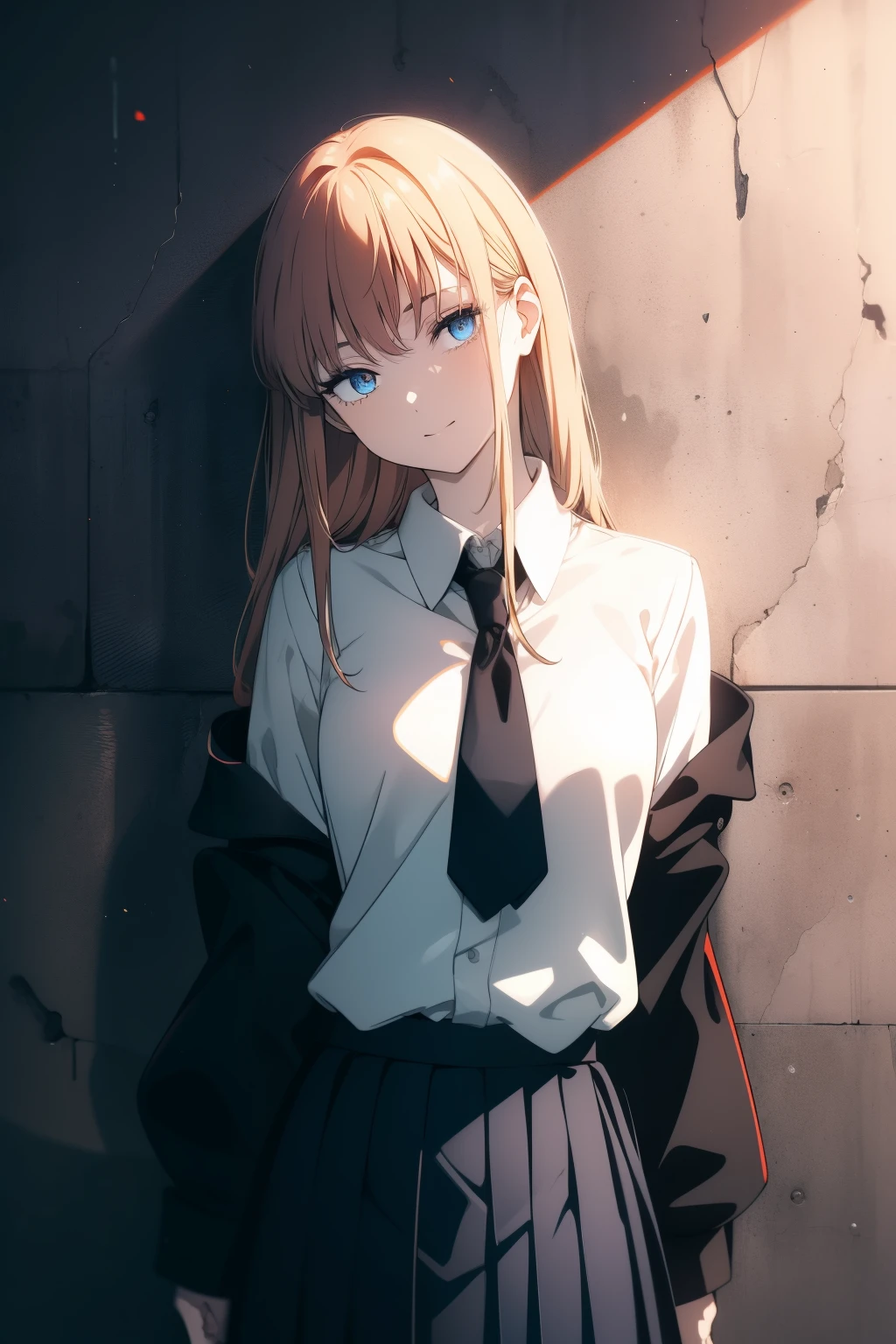 (Obra maestra, La mejor calidad, ultrahigh resolution), 1girl, standing, school uniform, white office shirt, black pleated skirt, ((light brown, light brown hair:0.7)), long hair cut, pale skin, ((blue eyes)), glowing_eyes, neon eyes, (ultra detailed eyes:0.7, beautiful and detailed face, detailed eyes:0.9), ((centered)), smile, ((wide shot)), facing viewer, eye level, ((vibrant background, retro sunset, palm tree)), flat chested, looking at viewer, ((half closed eyes)), ((perfect hands)), (((head:0.9, arms, hips, elbows, in view))), ((hands behind back)), empty eyes, beautiful lighting, outside, outdoors, background, defined subject, 25 years old, (head tilt)