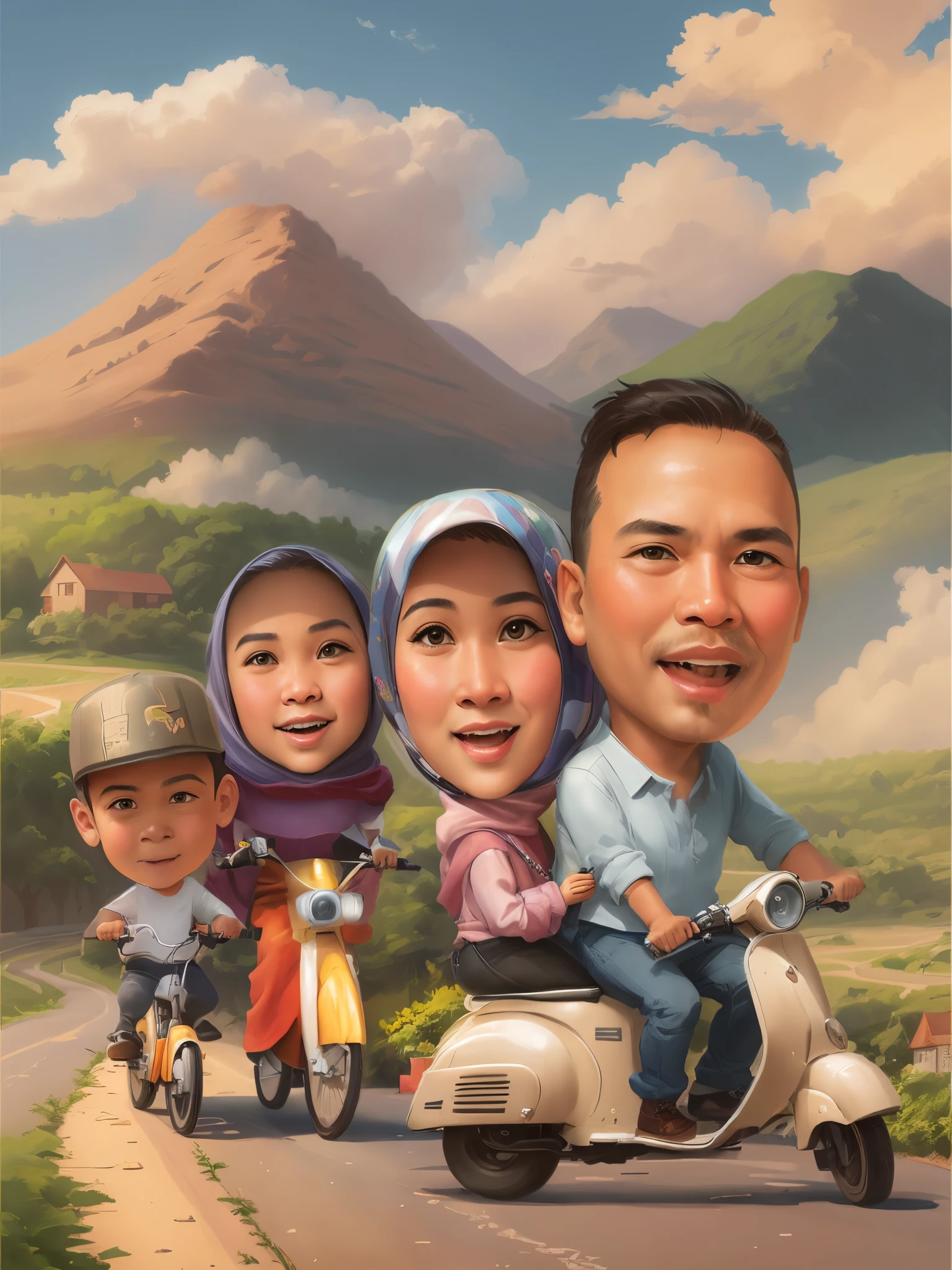 cartoon of a family riding a scooter down a road, an indonesian family portrait, Make dad's expression laugh, potrait, realism artstyle, by Abidin Dino, happy family, Make dad's expression laugh, inspired by Rudy Siswanto, cartoon digital painting, caricature illustration, foto realistic, cartoon artstyle, cartoon art, full protrait, digital cartoon painting art, high quality portrait, digital art cartoon