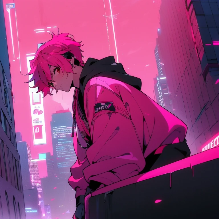 (short-cut), (Two-block hair), (vivid pink hair), (male character), (Red Eyes), (Cool pose), (of the highest quality), (masterpiece), (ultra-detailliert), (Oversized hoodies), (headphones), (Street), (neons), (Camera from a down angle), (Modern City), (Neon Daylight), (Cinematic), (Stylish), (hight resolution), (Hyper Detailed), (Looking at the camera), (Anime-style), (Softtown), (nightcore), (a handsome man), (Listening to music), (natural appearance of the building), (casual), (ig studios anime style),