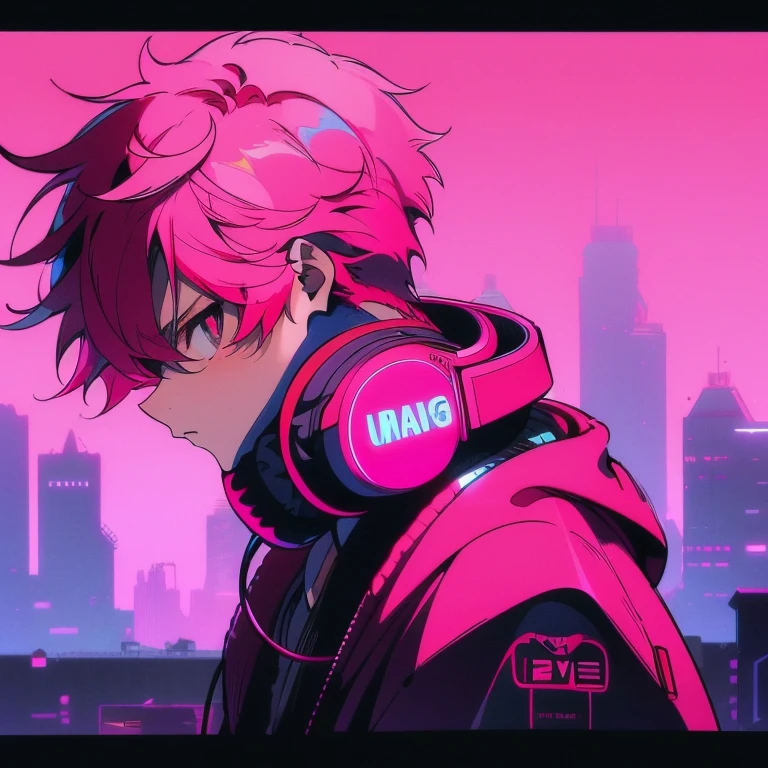 (short-cut), (Two-block hair), (vivid pink hair), (male character), (Red Eyes), (Cool pose), (of the highest quality), (masterpiece), (ultra-detailliert), (Oversized hoodies), (headphones), (Street), (neons), (Camera from a down angle), (Modern City), (Neon Daylight), (Cinematic), (Stylish), (hight resolution), (Hyper Detailed), (Looking at the camera), (Anime-style), (Softtown), (nightcore), (a handsome man), (Listening to music), (natural appearance of the building), (casual), (ig studios anime style),
