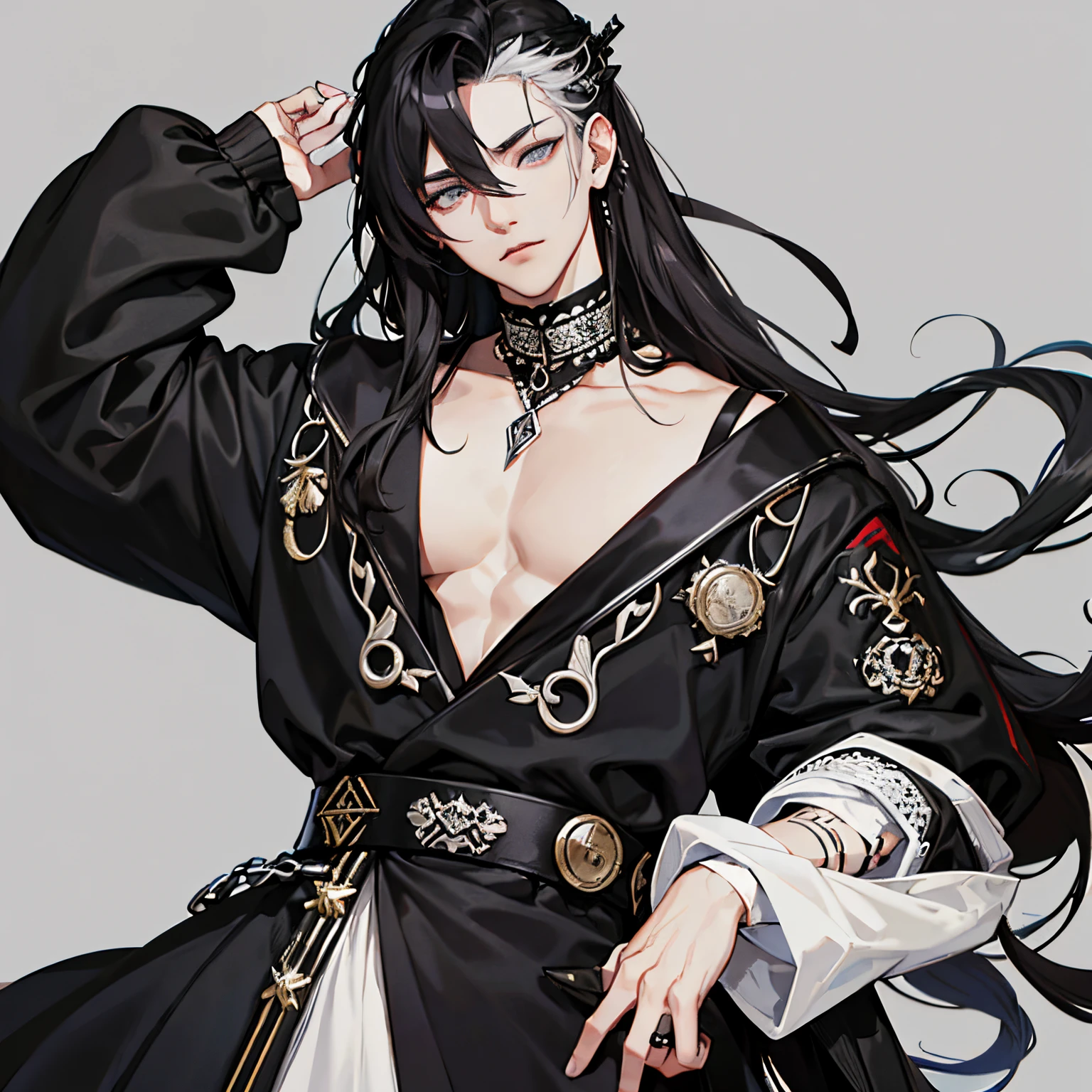 Male, goth, (half-white half-black) hair, long fluffy hair, (lidded eyes) (grey eyes), neutral expression, goth clothing, casual clothing,