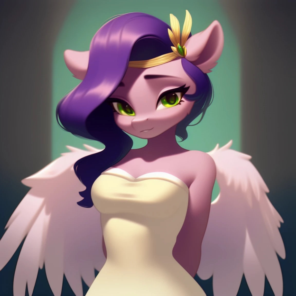 (score_9), (source_pony), (solo), (pegasus), ((anthro pipp petals :1.1)), (strapless dress, sexy, nervous , long hair, anatomically correct, night garden, standing near fountain, medium breasts, half body, solo, light purple fur, green eyes, arms behind back, hour glass figure, curvy,