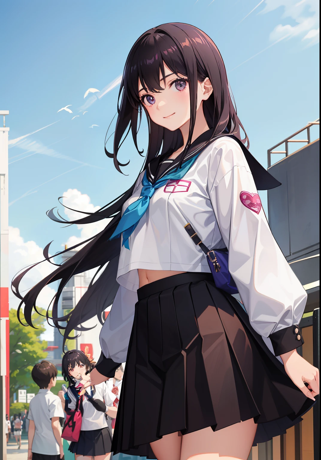 1girl in、As-、A smile、The shirt、skirt by the、Light in the eyes、(highlight in eyes)、(small tits)Chilarism、Japan High School Student Uniform、serafuku、summer clothing、(Portrait from the knee up)、