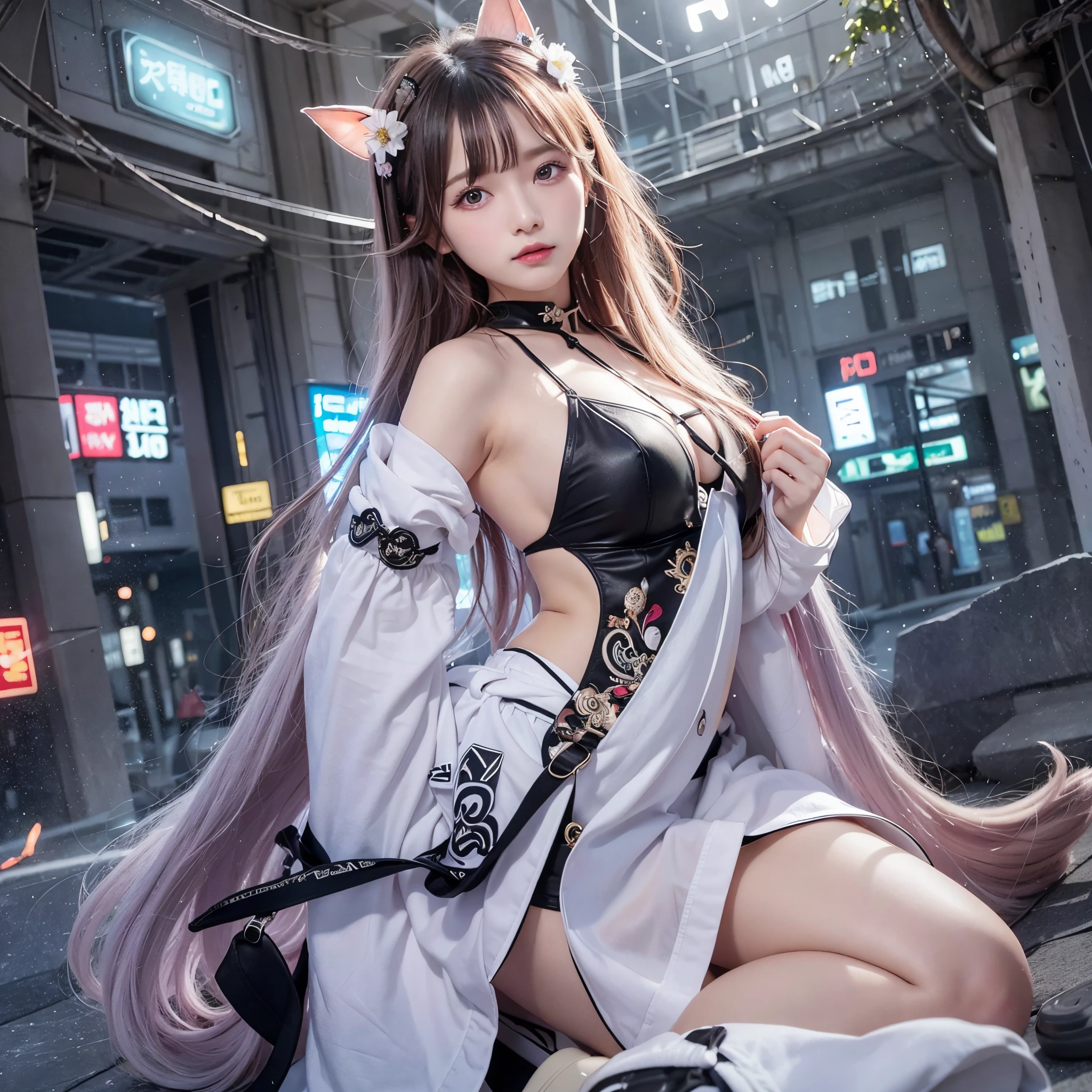 masterpiece, highest quality, girl, thin, blue eyes, hair color, shining in rainbow colors, spread long hair, white skin, Blood vessels in the arms and chest, medium breasts, cute, sexy, futuristic, cyber punk, bikini, exposed skin, night, psychedelic, trip, super color, Paisley theme, spread your legs, whole body