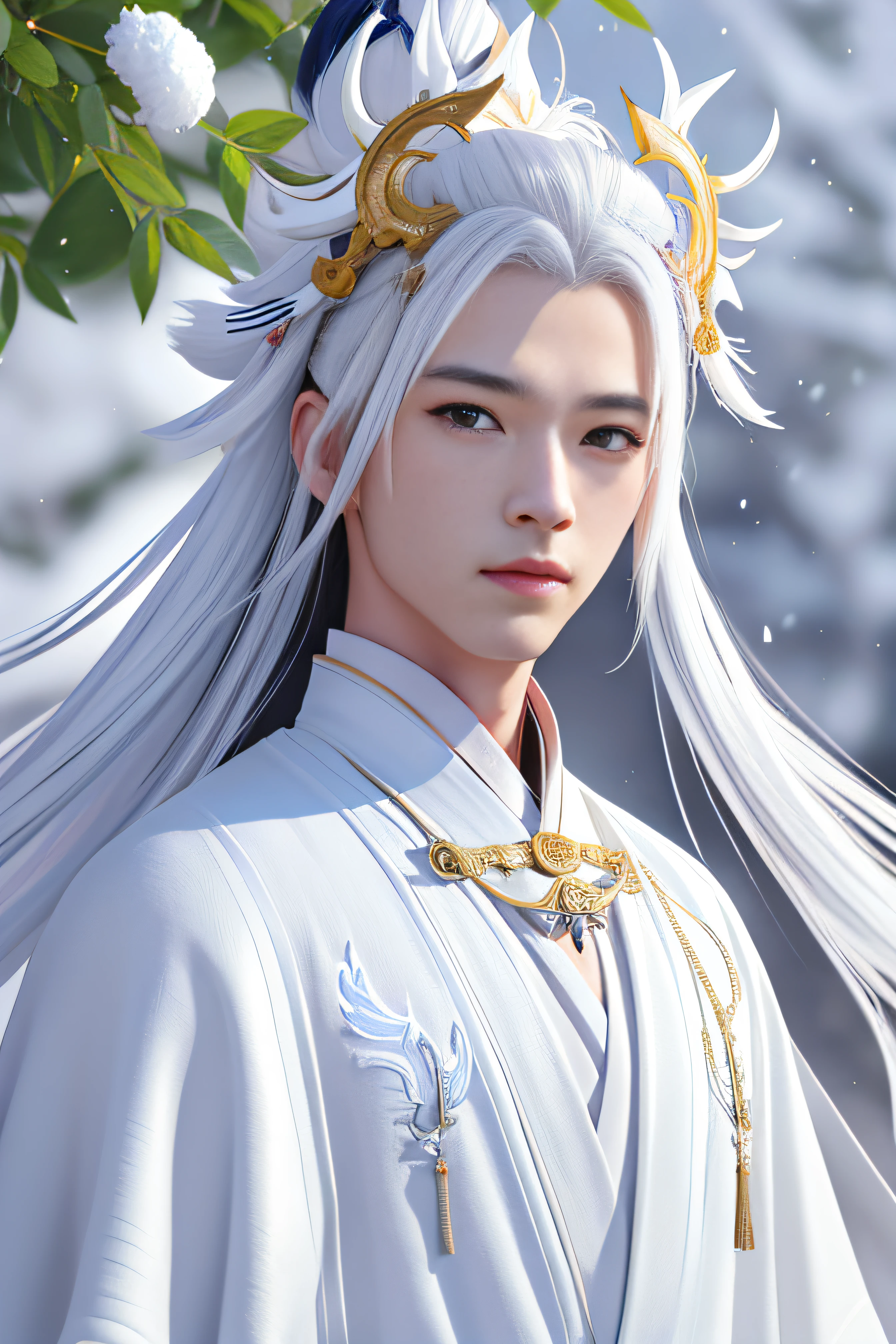 25 years old young man, whole body, portrait of an onmyoji, detailed art of the onmyoji, (((onmyoji))), handsome emperor, man in Chinese traditional style dress standing in the snow with snow on the background, photorealistic painting, art photo, ultra high resolution, (photorealistic: 1.4), masterpiece, sharp lines, beautiful eyes, detailed face, perfect hands, perfect eyes, perfect skin, ((wearing white long robe with white embroidery)), looking into the distance, ((fierce expression)), white hairpiece, ((white))