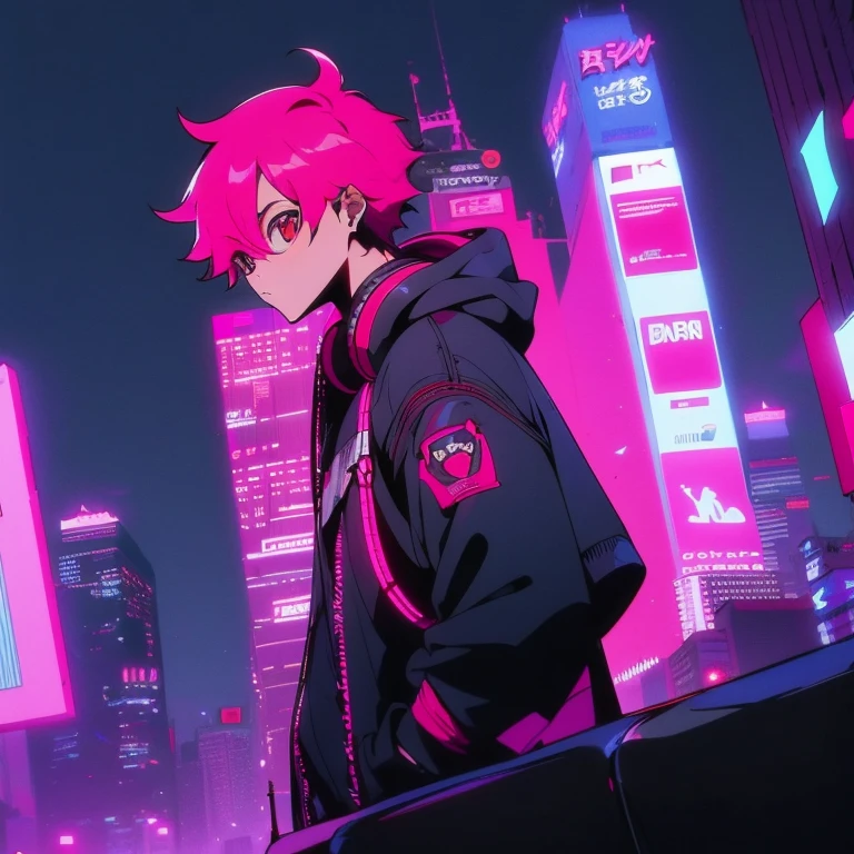 (short-cut), (Two-block hair), (vivid pink hair), (male character), (Red Eyes), (Cool pose), (of the highest quality), (masterpiece), (ultra-detailliert), (Oversized hoodies), (headphones), (Street), (neons), (Camera from a down angle), (Modern City), (Neon Daylight), (Cinematic), (Stylish), (hight resolution), (Hyper Detailed), (Looking at the camera), (Anime-style), (Softtown), (nightcore), (a handsome man), (Listening to music), (natural appearance of the building), (casual), (ig studios anime style),