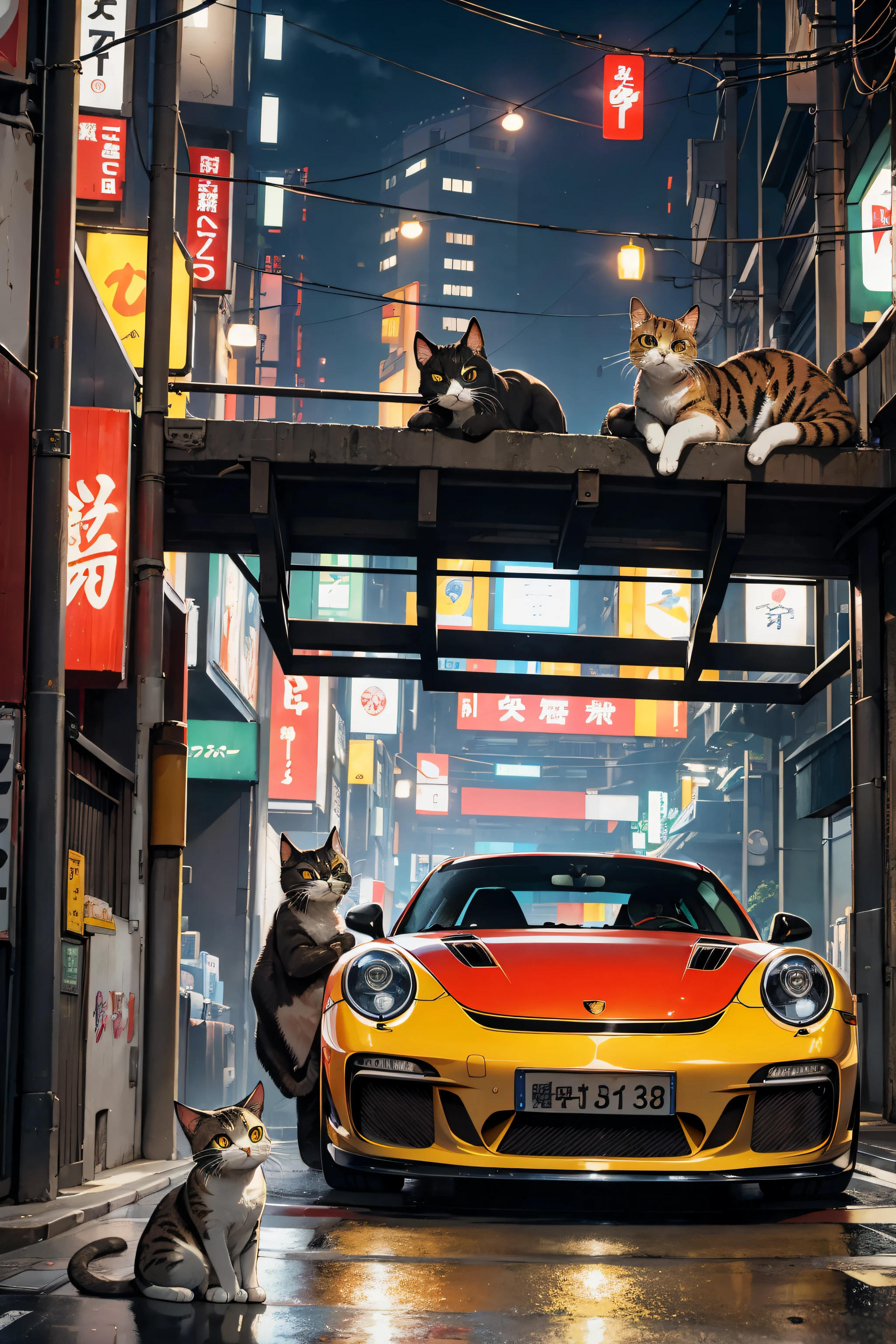 fast and furious with cats, streets of tokyo japan, image of porsche 911 gt3, dark brown tabby cats sitting around the car, highly detailed cats, correct proportions, night time, street lights, convenience store in background