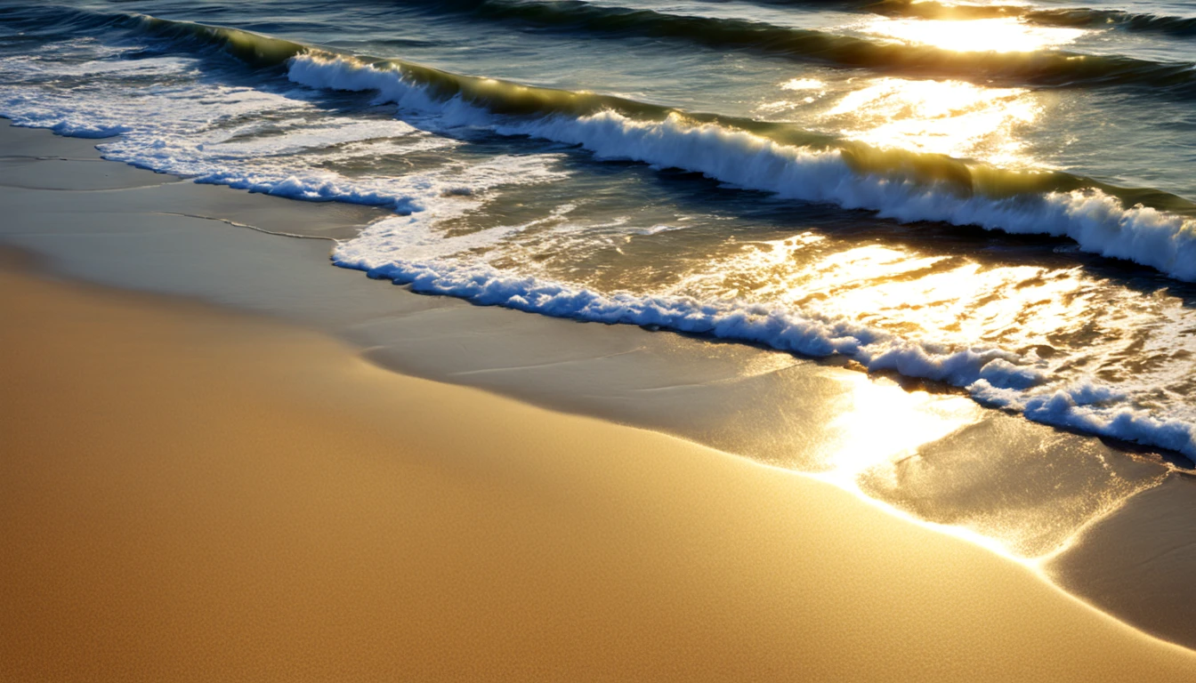 Sunlit Shoreline: Generate an image of a sunlit shoreline where golden waves gently touch the magical sands.