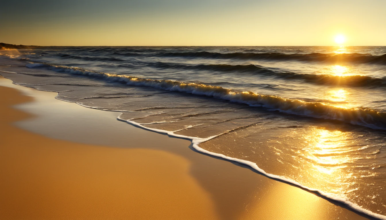 Sunlit Shoreline: Generate an image of a sunlit shoreline where golden waves gently touch the magical sands.