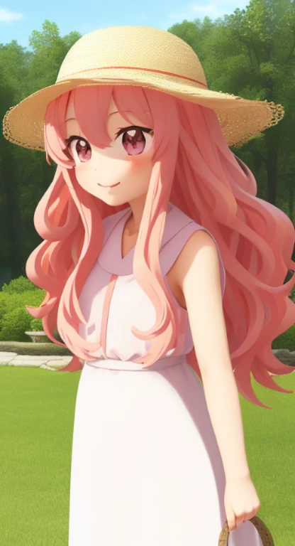 Louise Zero Default, Louise-Françoise Le Blanc de La Vallière, 1girl in, Solo, red blush, Long hair, Pink hair, Wavy Hair, Pink eyes, Standing, hair between eye,White long skirt integrated dress,large size straw hat,Background with(lake)