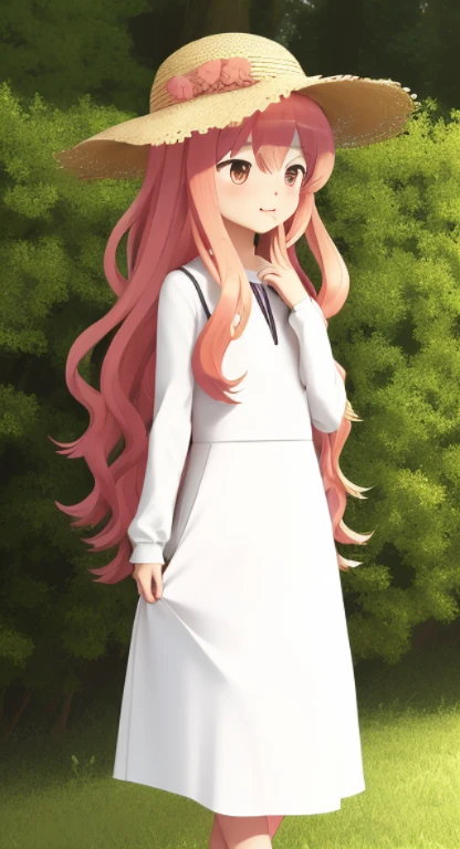 Louise Zero Default, Louise-Françoise Le Blanc de La Vallière, 1girl in, Solo, red blush, Long hair, Pink hair, Wavy Hair, Pink eyes,  Standing, hair between eye，White long skirt integrated dress，large size straw hat，Background with(lake)