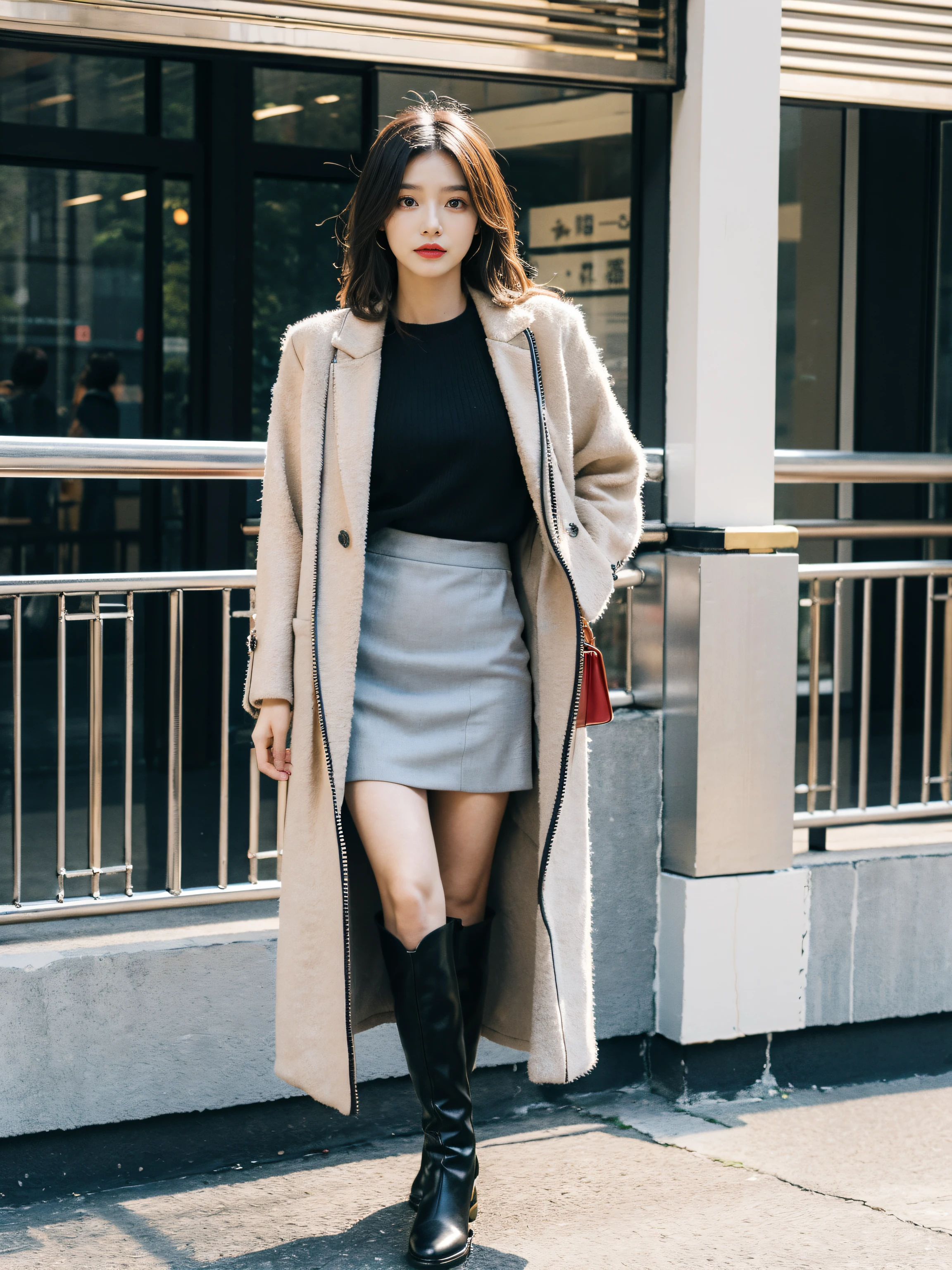 Best quality,tmasterpiece,超高分辨率,(actual:1.4),RAW photos,hyper HD，8K，There is one girl，Stylish clothes,Chanel style，Stylish skinny suit, wearing jacket and skirt,high-class fashion，ellegance, short skirt and a long jacket, tigh-high boots，Over-the-knee boots，Casual pose，legs long