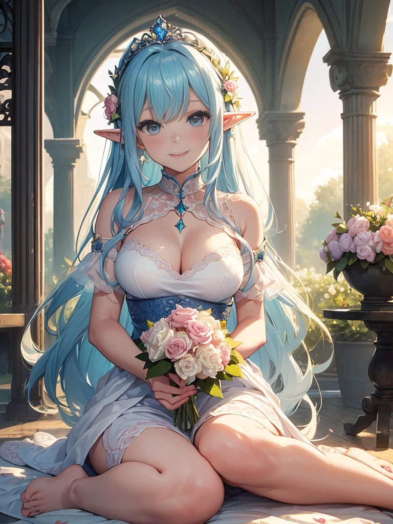 top-quality、Top image quality、​masterpiece、two friendly elves、Elven Beauty、smiling while holding a bouquet of roses((24 year old、Best Bust、big bast、Bust 90,beautiful blue ironed long hair、A slender、a closeup、Esbian、beautiful tiara、hiquality、beautiful white bouquet、Beautiful Art、Background with((starrysky)))masutepiece、visualart、depth of field awning、sunrises、elf midnight、harp melody🎵、Happy smile、Gentle light、、Beautiful and skin-friendly breasts、beautiful foot、welcome、、Number of fingers with accurate finger movements、nffsw、beautiful dress sistic　　In the flower garden、flower  field、、Marble pillars、Sit up