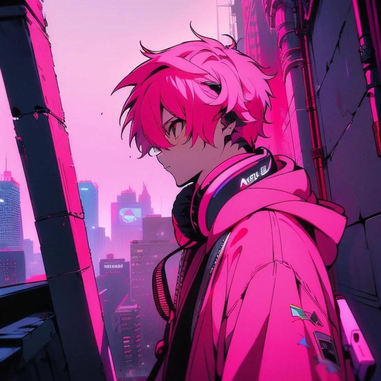 (short-cut), (Two-block hair), (vivid pink hair), (male character), (Red Eyes), (Cool pose), (of the highest quality), (​masterpiece), (ultra-detailliert), (Oversized hoodies), (headphones), (Street), (neons), (Camera from a down angle), (Modern City), (Neon Daylight), (Cinematic), (Stylish), (hight resolution), (Hyper Detailed), (Looking at the camera), (Anime-style), (Softtown), (nightcore), (a handsome man), (Listening to music), (natural appearance of the building), (casual), (ig studios anime style),