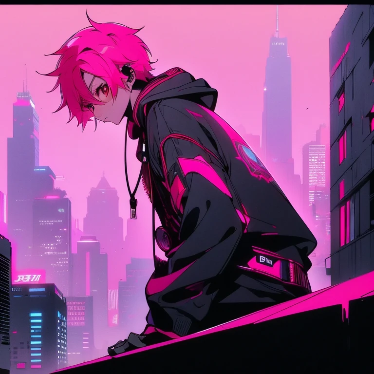 (short-cut), (Two-block hair), (vivid pink hair), (male character), (Red Eyes), (Cool pose), (of the highest quality), (masterpiece), (ultra-detailliert), (Oversized hoodies), (headphones), (Street), (neons), (Camera from a down angle), (Modern City), (Neon Daylight), (Cinematic), (Stylish), (hight resolution), (Hyper Detailed), (Looking at the camera), (Anime-style), (Softtown), (nightcore), (a handsome man), (Listening to music), (natural appearance of the building), (casual), (ig studios anime style),
