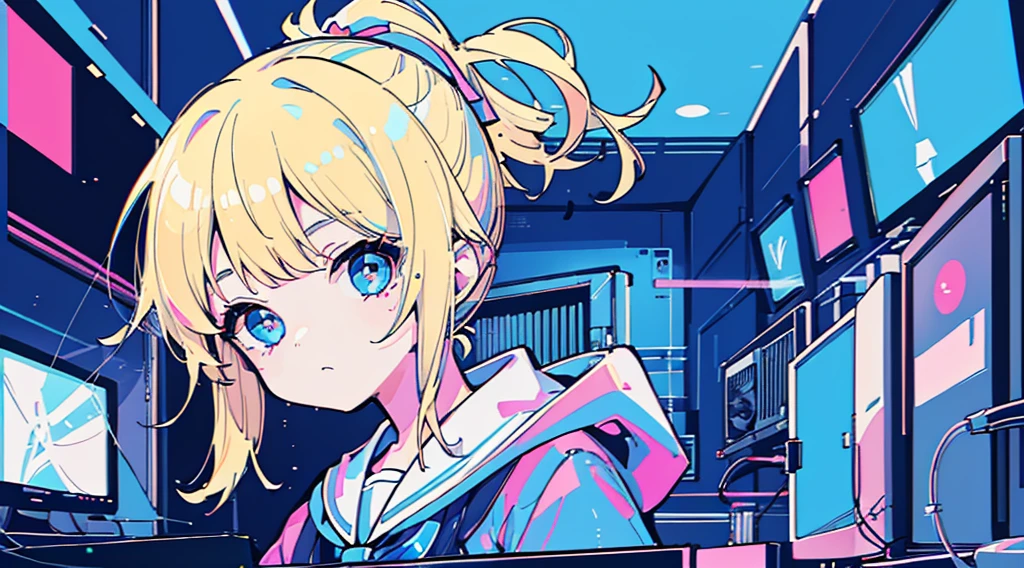 (1 girl, blonde hair, ponytail, blue eyes, sailor suit, headphone, kawaii), (blue cyberpunk, room with big monitors, blue neon), (low contrast, chromatic aberration, flat color, limited palette, ligne claire)