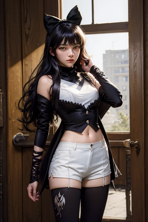 (masterpiece, best quality:1.2), cowboy shot, solo, 1girl, blake belladonna, expressionless, closed mouth, looking at viewer, black hair bow, white shirt, detached sleeve, pantyhose, legwear under white shorts