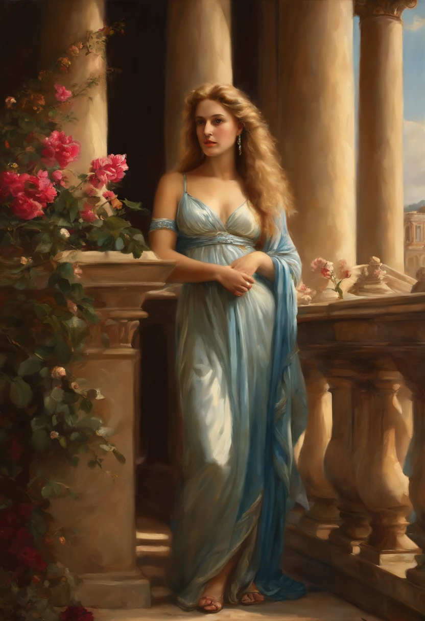 master piece, portrait of Helen of Troy, young woman of rare beauty, with long almond-shaped hair, on a balcony with Greek columns and flowers in Troy, Classicism, Andrey Atroshenko Style, Painting, Traditional media, realistic, figurative, Fine Arts, oil on canvas, HDR, 8k, Original character, very high resolution, very high detail, Focus on the face, intricate, impeccable