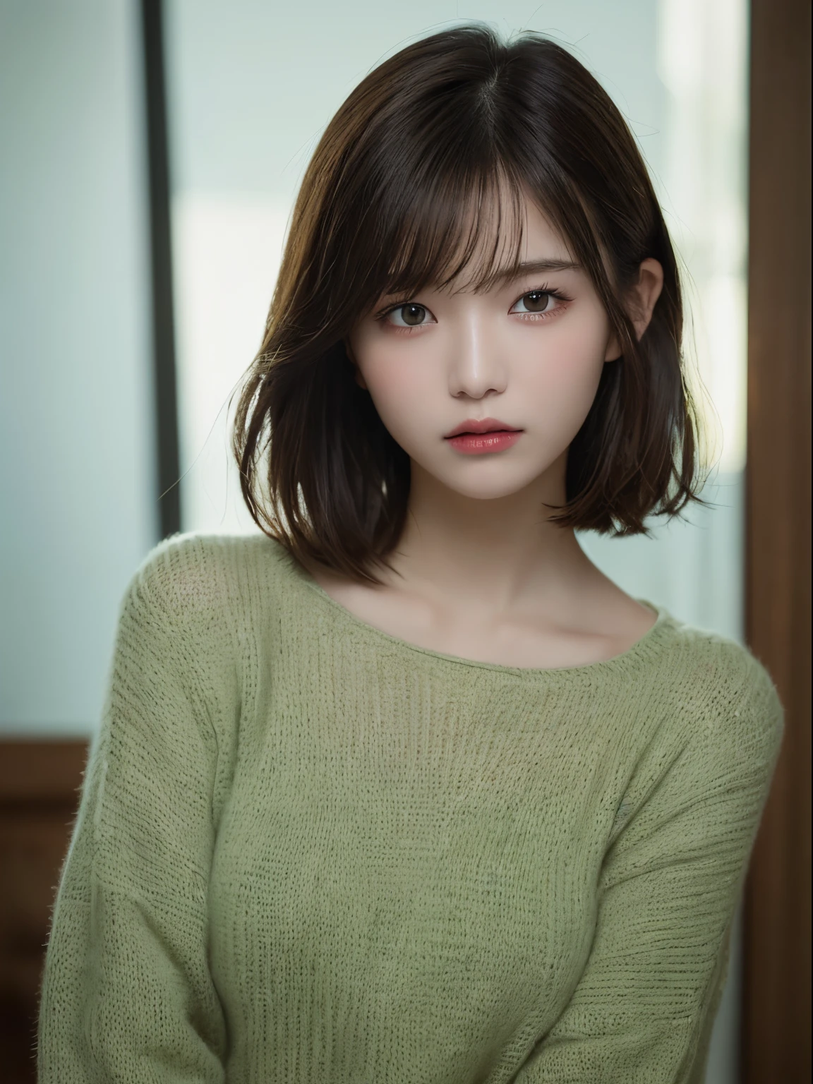 (masterpiece:1.3), (8K, Photorealsitic, Raw photography, Top image quality: 1.4), 20 year old girl、(Random hairstyles:1.2)、Super Detail Face、Eye of Detail、二重まぶた、foco nítido:1.2、prety woman:1.4、light brown hair、top-quality、masterpiece、超A high resolution、(Photorealsitic:1.4)、very detailed and professional lighting、Green Sheer Knitwear、slender、serious facial expression、short-haired、Fatal position、Transparent skin、randome pose、Glowing hair、Gravure Model Pose、