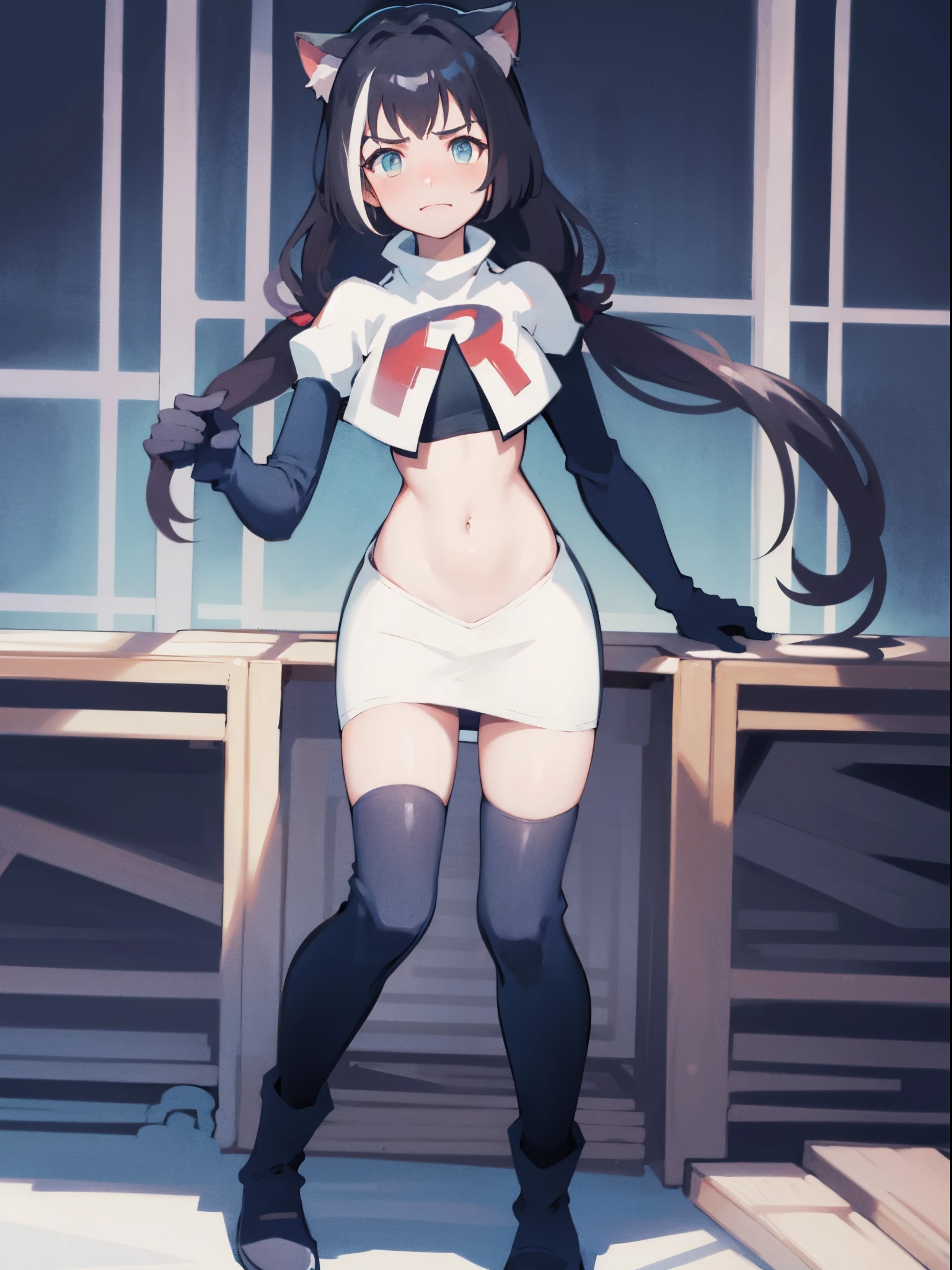 karyl,low twintails, twintails, cat tail,team rocket,team rocket uniform,white skirt,crop top,black thigh-high boots,black elbow gloves,