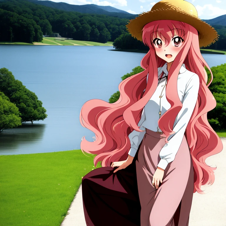 Louise Zero Default, Louise-Françoise Le Blanc de La Vallière, 1girl in, Solo, red blush, Long hair, Pink hair, Wavy Hair, Pink eyes,  Standing, hair between eye，White long skirt integrated dress，large size straw hat，Background with(lake)