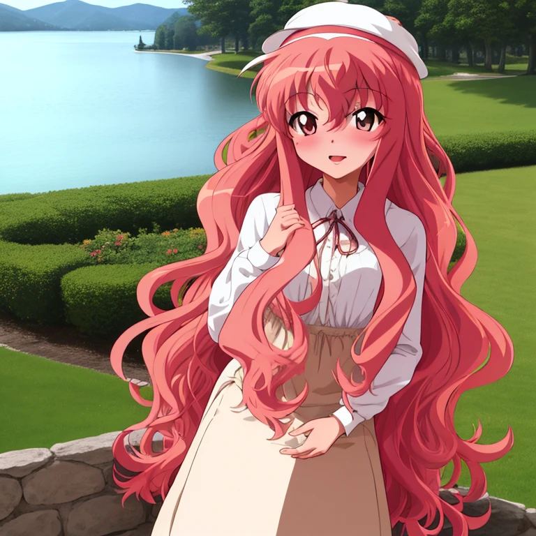 Louise Zero Default, Louise-Françoise Le Blanc de La Vallière, 1girl in, Solo, red blush, Long hair, Pink hair, Wavy Hair, Pink eyes,  Standing, hair between eye，White long skirt integrated dress，large size straw hat，Background with(lake)