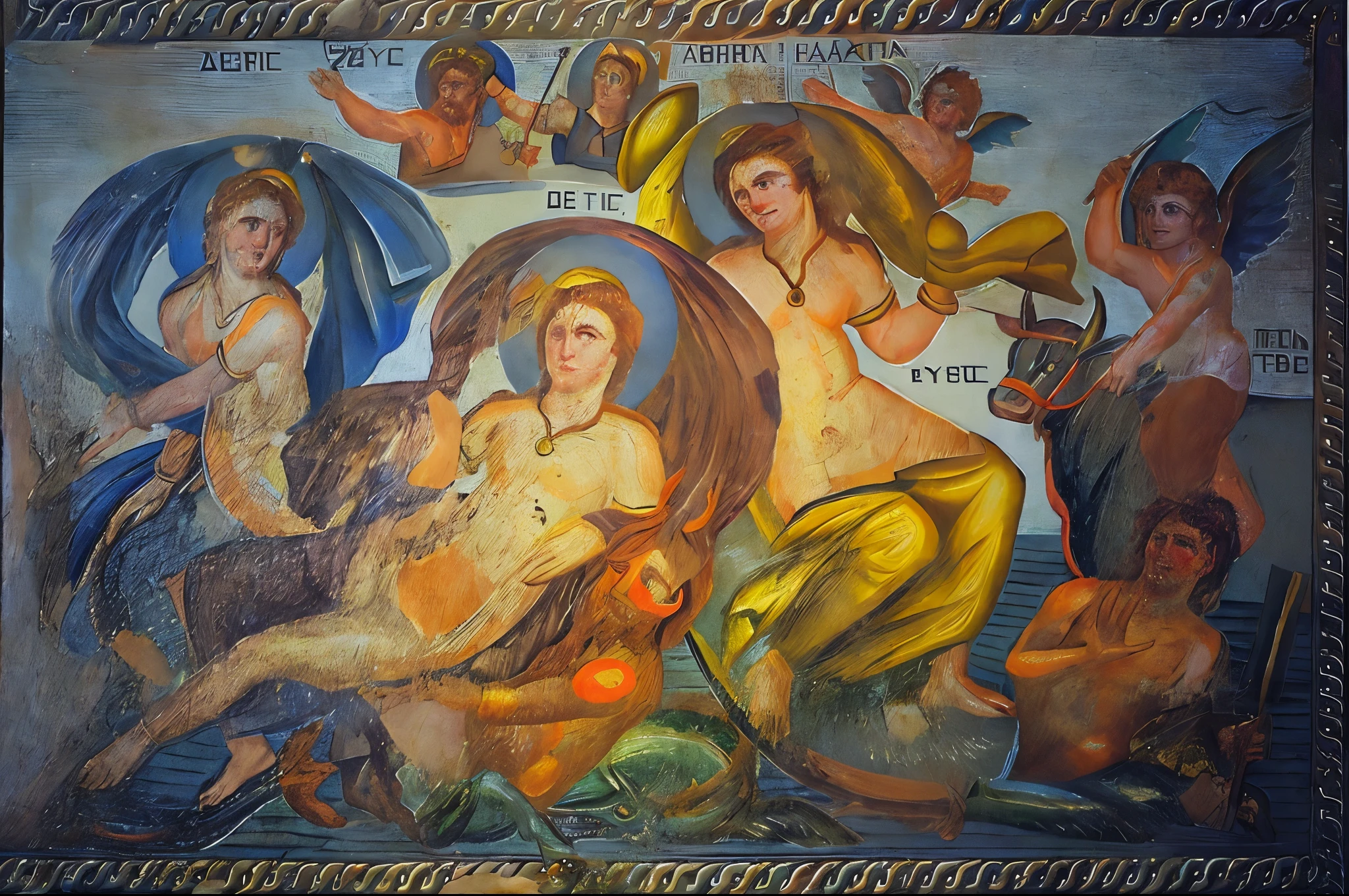 painting of a group of women and men in a painting, mythological painting, greek myth digital painting, hystorical painting, mythology artwork, battle between angels and demons, greek myth, inspired by James Barry, rennaissance style painting, epic biblical depiction, art noveau fresco, portrait of daemons, greek fantasy panorama, biblical art style, mythological