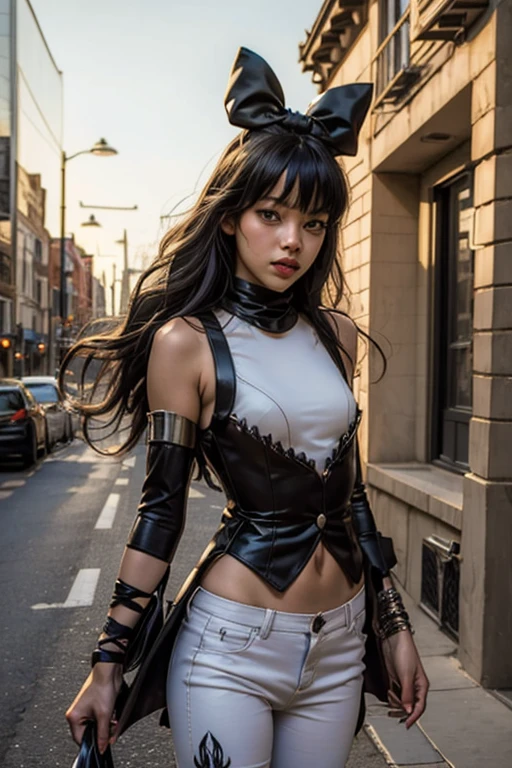 (masterpiece, best quality:1.2), cowboy shot, solo, 1girl, blake belladonna, expressionless, closed mouth, looking at viewer, black hair bow, white shirt, detached sleeve, pantyhose, legwear under white shorts