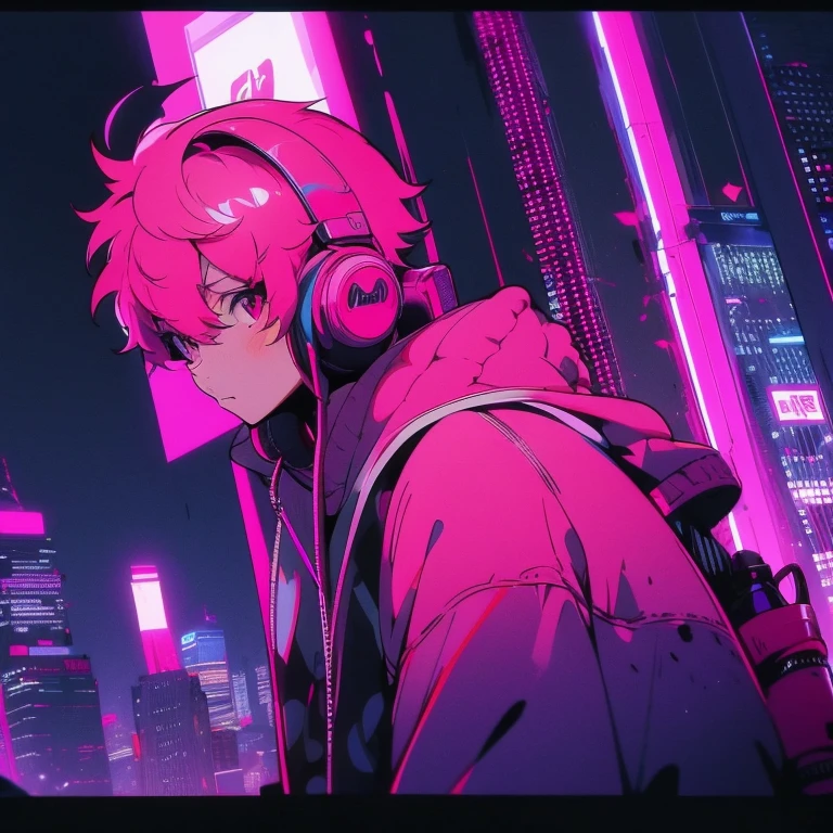 (short-cut), (Two-block hair), (vivid pink hair), (male character), (Red Eyes), (Cool pose), (of the highest quality), (masterpiece), (ultra-detailliert), (Oversized hoodies), (headphones), (Street), (neons), (Camera from a down angle), (Modern City), (Neon Daylight), (Cinematic), (Stylish), (hight resolution), (Hyper Detailed), (Looking at the camera), (Anime-style), (Softtown), (nightcore), (a handsome man), (Listening to music), (natural appearance of the building), (casual), (ig studios anime style),