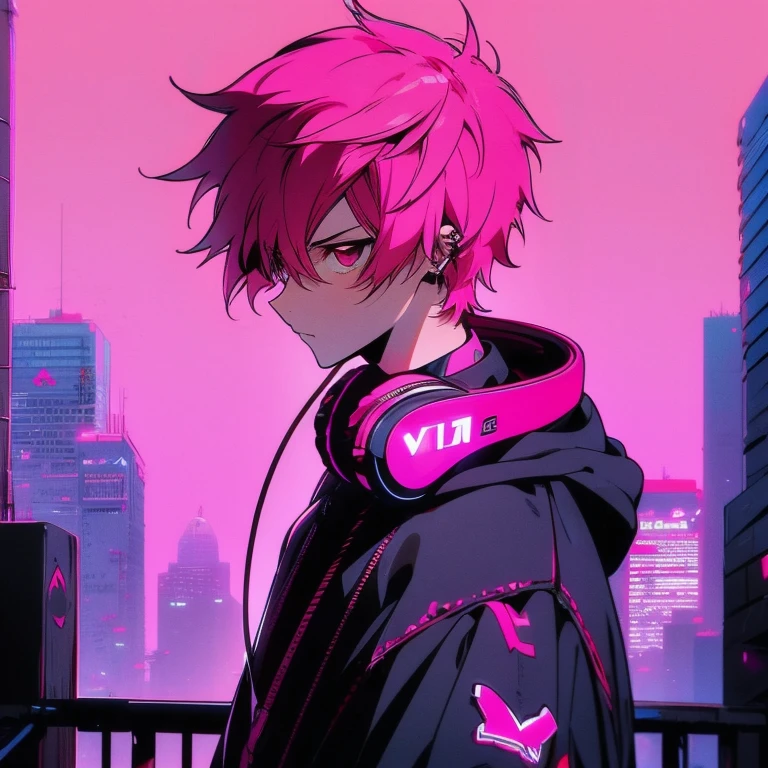 (short-cut), (Two-block hair), (vivid pink hair), (male character), (Red Eyes), (Cool pose), (of the highest quality), (​masterpiece), (ultra-detailliert), (Oversized hoodies), (headphones), (Street), (neons), (Camera from a down angle), (Modern City), (Neon Daylight), (Cinematic), (Stylish), (hight resolution), (Hyper Detailed), (Looking at the camera), (Anime-style), (Softtown), (nightcore), (a handsome man), (Listening to music), (natural appearance of the building), (casual), (ig studios anime style),