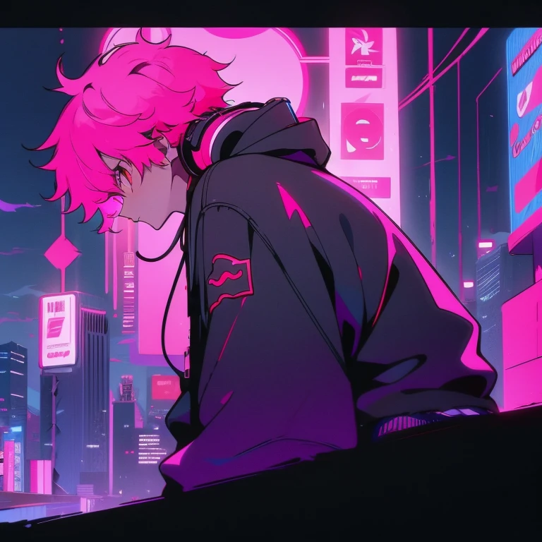 (short-cut), (Two-block hair), (vivid pink hair), (male character), (Red Eyes), (Cool pose), (of the highest quality), (masterpiece), (ultra-detailliert), (Oversized hoodies), (headphones), (Street), (neons), (Camera from a down angle), (Modern City), (Neon Daylight), (Cinematic), (Stylish), (hight resolution), (Hyper Detailed), (Looking at the camera), (Anime-style), (Softtown), (nightcore), (a handsome man), (Listening to music), (natural appearance of the building), (casual), (ig studios anime style),