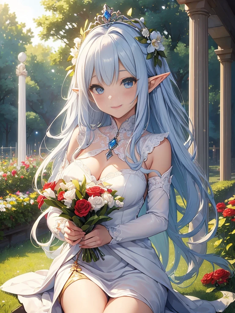 top-quality、Top image quality、masterpiece、two friendly elves、Elven Beauty、smiling while holding a bouquet of roses((24 year old、Best Bust、big bast、Bust 90,beautiful blue ironed long hair、A slender、a closeup、Esbian、beautiful tiara、hiquality、beautiful white bouquet、Beautiful Art、Background with((starrysky)))masutepiece、visualart、depth of field awning、sunrises、elf midnight、harp melody🎵、Happy smile、Gentle light、、Beautiful and skin-friendly breasts、beautiful foot、welcome、、Number of fingers with accurate finger movements、nffsw、beautiful dress sistic In the flower garden、flower field、、Marble pillars、Sit up