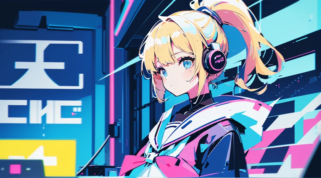 (1 girl, blonde hair, ponytail, blue eyes, sailor suit, headphone, kawaii), (blue cyberpunk, room with big monitors, blue neon), (low contrast, chromatic aberration, flat color, limited palette, ligne claire)