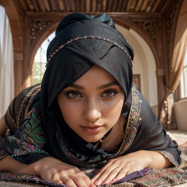 A girl wearing a Khimar, crawling pose, sexy pose, beautiful detailed eyes, beautiful detailed lips, long eyelashes, colorful and flowing Khimar, flowing fabric, intricate patterns, soft and delicate fabric texture, vibrant colors, bright and natural, porn star model pose, high resolution (best quality, 4k, highres, masterpiece:1.2), realistic style, warm color tones.