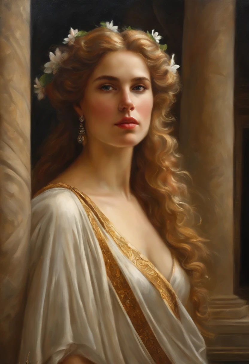 master piece, portrait of Helen of Troy, young woman of rare beauty, with long almond-shaped hair, on a balcony with Greek columns and flowers in Troy, Classicism, Andrey Atroshenko Style, Painting, Traditional media, realistic, figurative, Fine Arts, oil on canvas, HDR, 8k, Original character, very high resolution, very high detail, Focus on the face, intricate, impeccable