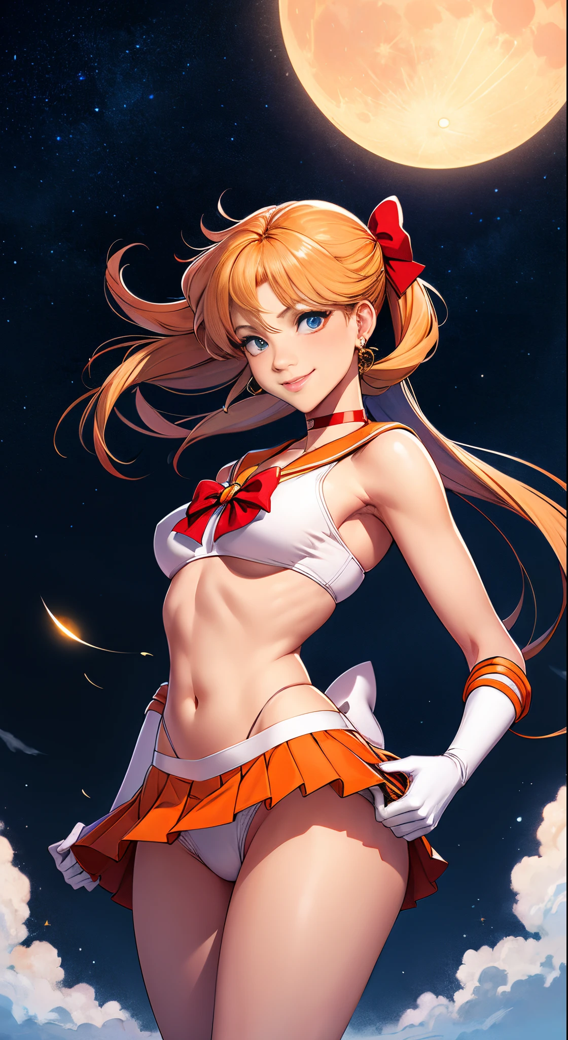 masutepiece, Best Quality, hight resolution, SV1, Sailor Senshi Uniform, Orange skirt, White panties visible from the miniskirt、Bikini Panties、White shorts visible from the white miniskirt、short view、elbow groves, tiarra, Pleated skirt, Flipping up a miniskirt, White panty、Beautiful pantieeautiful camel toe、Red bow, orangechoker, White Gloves, Jewelry, Starry sky, badass pose, slight smile, Portrait, floating, Moon, Upper body