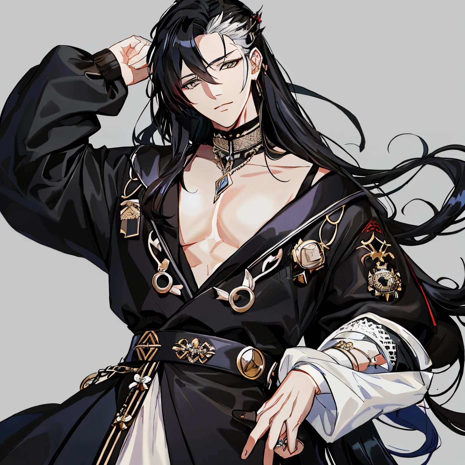 anime - style image of a malemin a black and white outfit, handsome guy in demon slayer art, by Yang J, keqing from genshin impact, handsome japanese demon boy, beautiful male god of death, zhongli from genshin impact, detailed anime character art, onmyoji portrait, black - haired mage, male anime character, onmyoji detailed art, gothic boy, lidded eye shape, (grey eyes),
