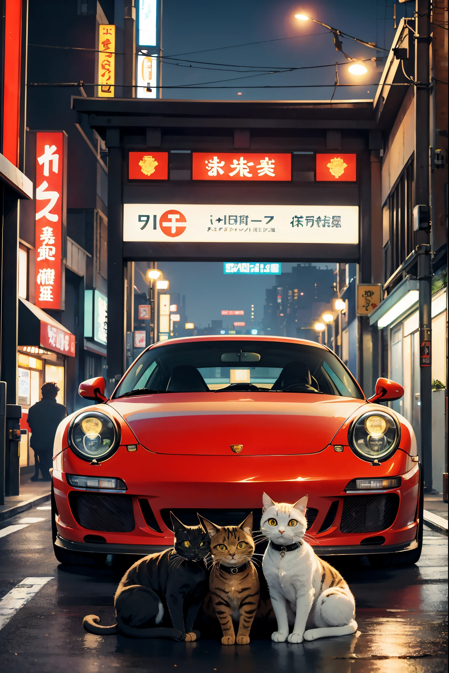 fast and furious with cats, streets of tokyo japan, image of porsche 911 gt3, dark brown tabby cats sitting around the car, highly detailed cats, correct proportions, night time, street lights, convenience store in background behind car