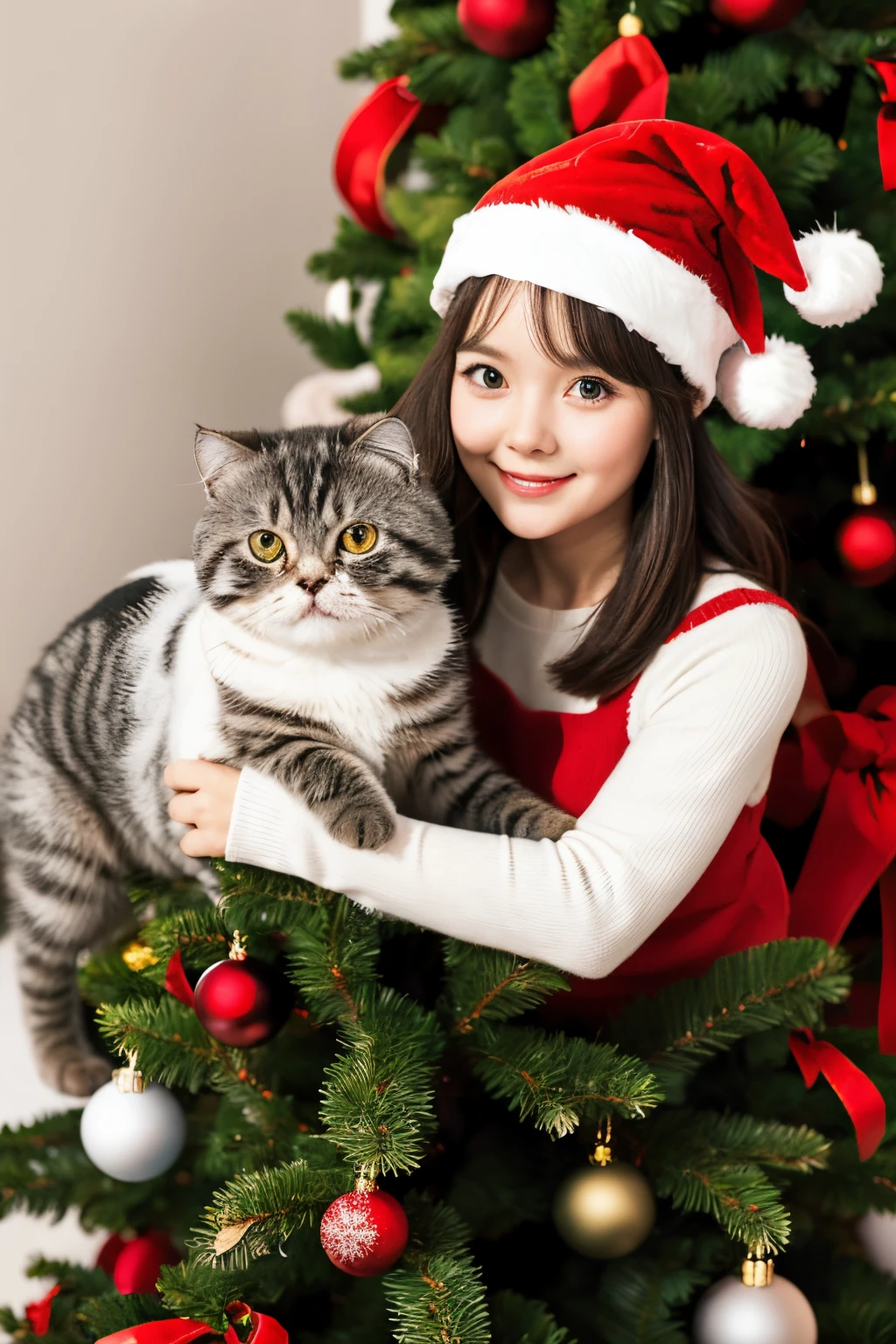 5yr old cute girl , a scottish fold cat, christmas tree.