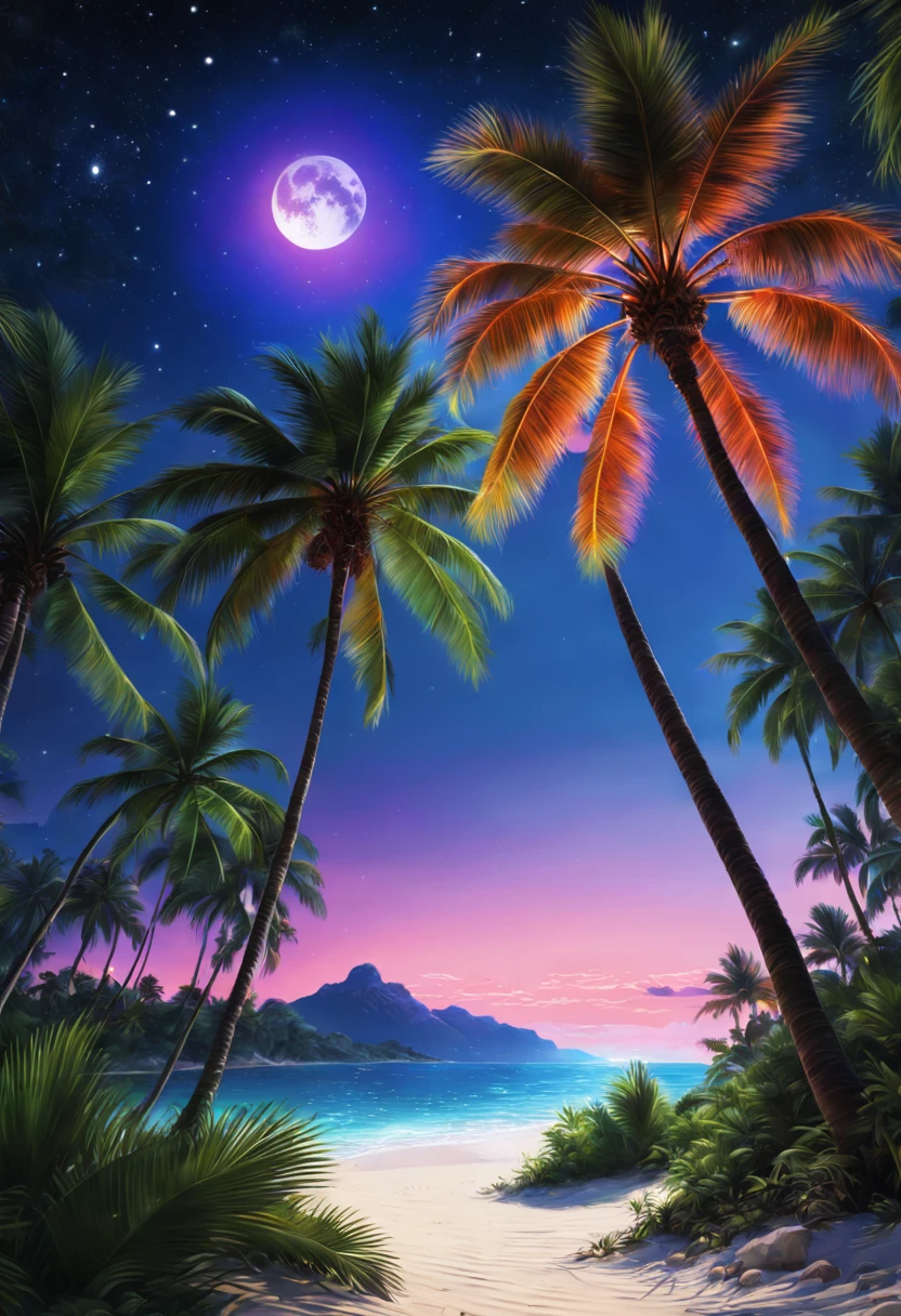(best quality,4k,8k,highres,masterpiece:1.2),ultra-detailed,(realistic,photorealistic,photo-realistic:1.37),enchanting palm trees,illuminated by colorful lights,create an immersive and magical atmosphere,a magnificent palm grove on a picturesque sandy beach,gently swaying fronds,glowing softly in the moonlight,the sound of waves crashing against the shore,sparkling stars dotting the clear night sky,a serene and peaceful ambiance,where dream and reality intertwine,warm ocean breeze caressing the skin,hint of salt in the air,white sand glistening under the moon's gentle glow,a sense of tranquility and harmony,as the palm trees sway to the rhythm of the waves,the flickering lights casting an ethereal glow,palm leaves rustling in the gentle wind,creating a soothing symphony,majestic palm trunks reaching towards the sky,a canopy of lush green leaves overhead,creating a natural shelter,a magical oasis in the midst of nature,a place where one can find solace and connection,a perfect harmony of man-made beauty and natural wonder,palette of vibrant colors painting the sky,shades of pink,orange,and purple merging,with the deep blue of the sea,creating a breathtaking spectacle,a perfect escape from the bustling world,a tranquil retreat for the weary soul,let the magic of the palm grove transport you to a place of wonder and serenity,a haven where dreams become reality,in this enchanted palm grove