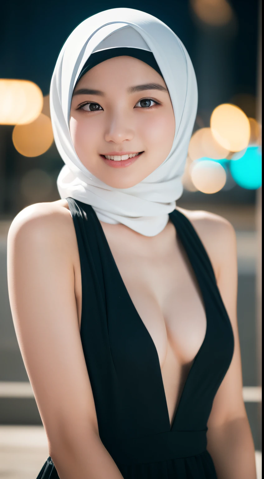 hijabi, cleavage, masterpiece, best quality, 8k, , , raw photo, absurdres, award winning portrait, solo, night, neon, idol face, violaceaess, gardeniass, delicate girl, upper body, DSLR, looking at viewer, candid, sophisticated, youthful, smile, professional lighting, film grain, chromatic aberration, (detailed eyes and face:1.0), (bokeh:1.1)