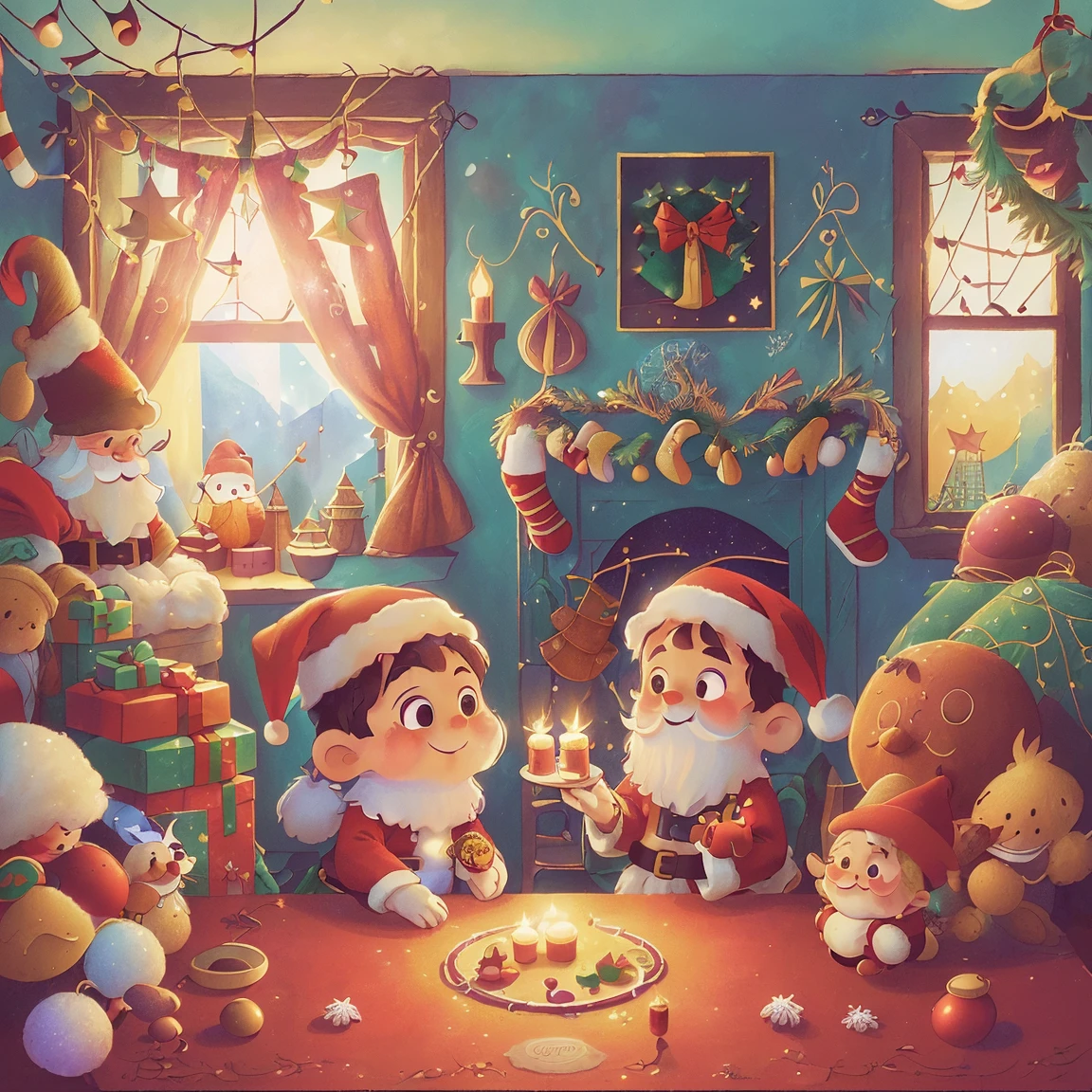 (Best quality, 8K, A high resolution, tmasterpiece:1.2), ultra - detailed, (actual, realistically:1.37), Vibrant colors, Magical atmosphere, Whimsical, ((sky full of stars,The North Star shines)),(((Use an illustration style), The room is decorated with a strong Christmas atmosphere. A string of shining colored lights hangs on the wall, Christmas wreath and little snowman on the windowsill, In the corner of the room stands a beautifully decorated Christmas tree. On a table, There are beautiful cutlery and red plates. In the center of the table, Have a sumptuous Christmas feast, Next to it is a bottle of red wine and two exquisite wine glasses. ((A boy wearing a cute Santa hat, A girl wearing a cute Santa Claus costume, They snuggle together)), Smiling and looking at each other,Eyes full of happiness and warmth. There are several scented candles lit in the room, It exudes a faint fragrance. Warm fire burning in the fireplace, Brings warmth and comfort to the entire room, Surreal, Psychedelic, Complicated details, Beautiful texture, Ethereal, like a dream, Soft glowing light, Charming Patterns, Fantasy creatures, Hidden surprises, dreamlike landscapes, Surreal color palette, Mystic aura, hyper realisitc, Enchanting journey, psychedelic trip, vivid imagination, immersive experience, Mysterious Christmas, otherworldly charm, glowing paths, Light up a magical Christmas, surreal sky, Whimsical themed festivals, a magical encounter, Fascinating artwork,(Ghibli-style colors, first person perspective, hyper HD, tmasterpiece, acurate, Anatomically correct, ctextured skin, super detailing, high detal, high qulity, Award-Awarded, Best quality at best, 8K)